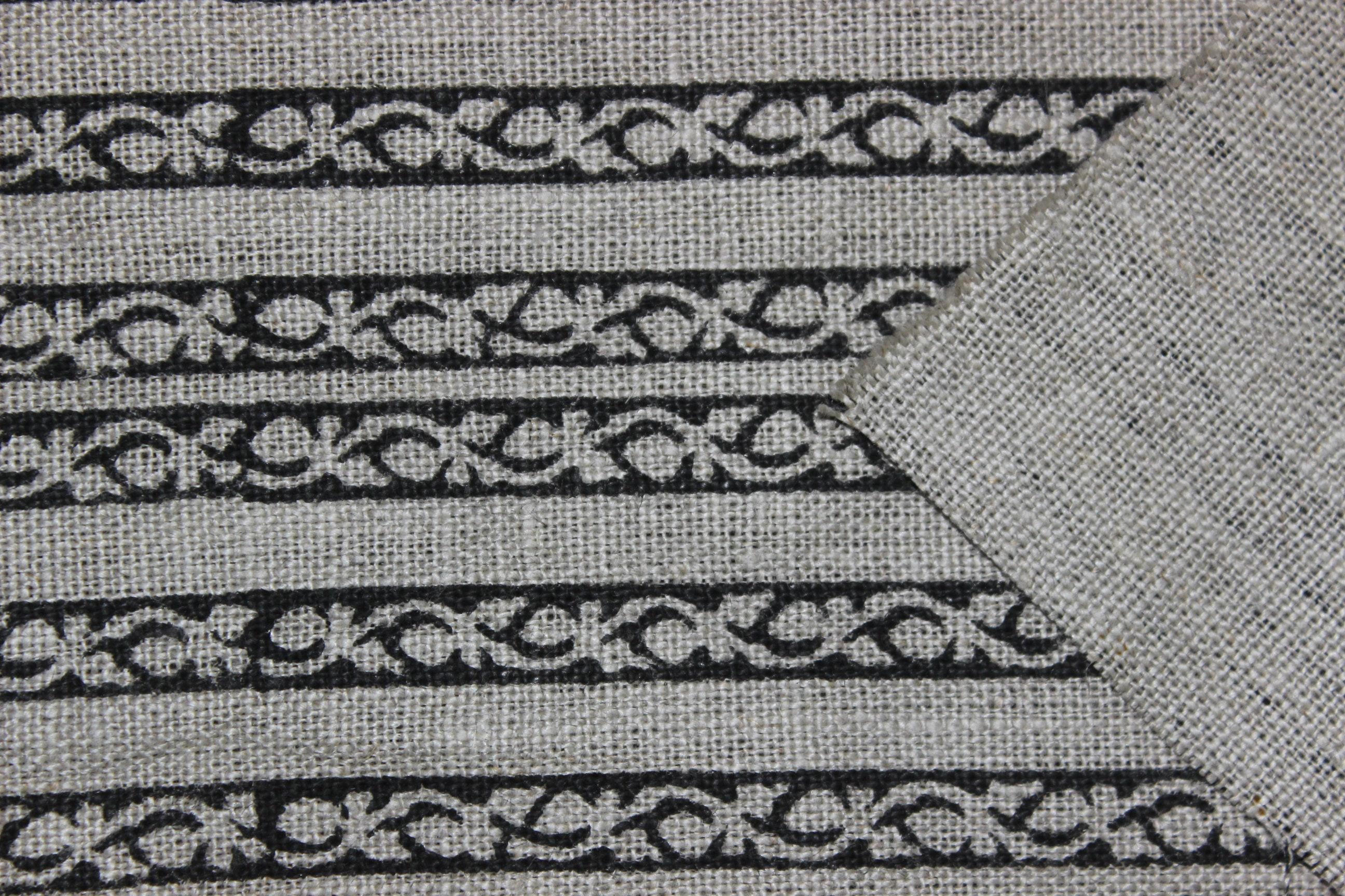 Indian Designer Hand Block Printed Black and Gray Thick Linen Fabric with Striped Pattern - TRILANE
