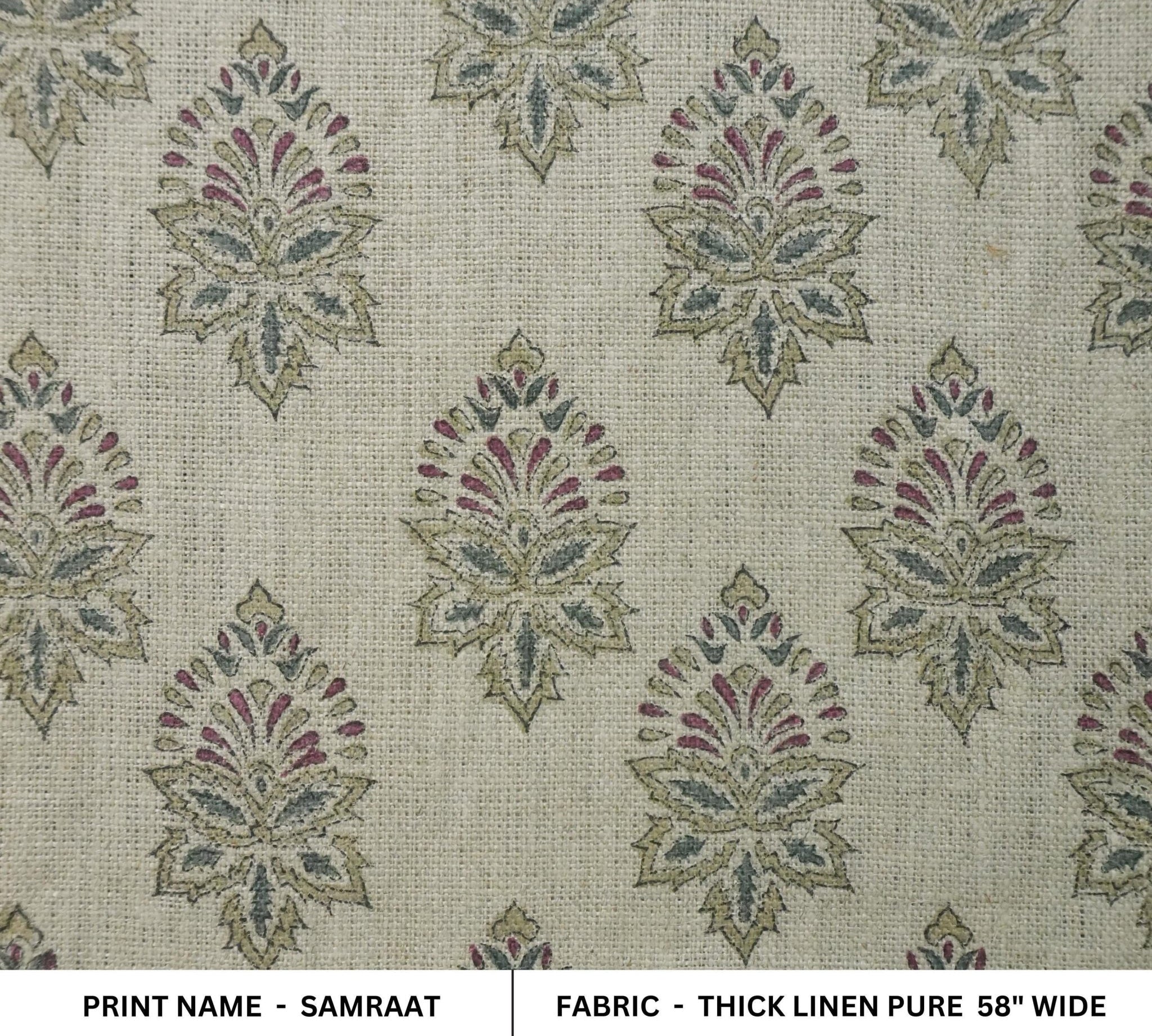 Linen Block Print Fabric 58 Inch Width Heavy Weight Linen Natural Base Color Curtains and Drapes Upholstery Handmade Art Pillow Covers Tablecloths and Runners Bedding Tote Bag Lampshades Napkins by Fabritual