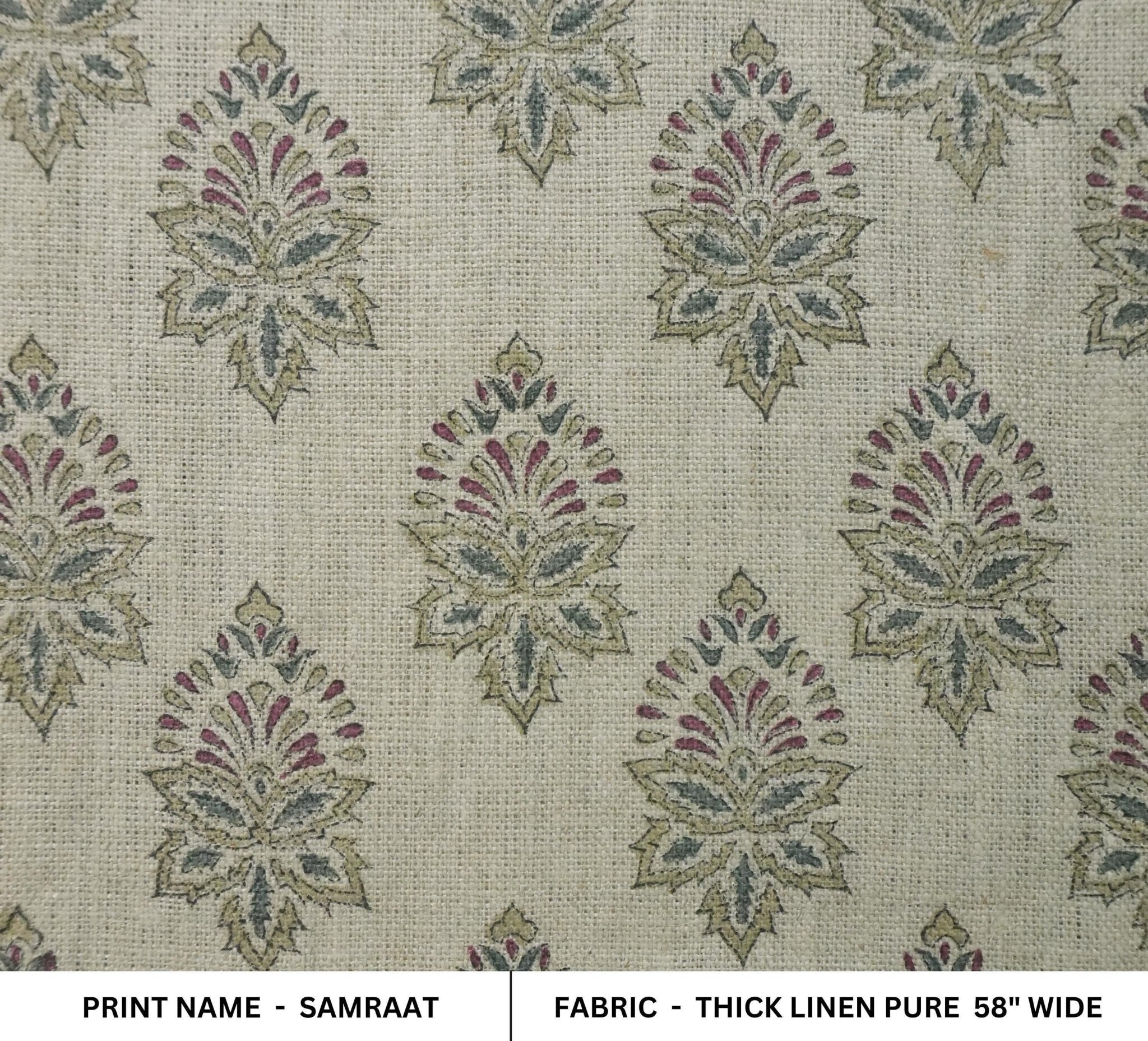 Linen Block Print Fabric 58 Inch Width Heavy Weight Linen Natural Base Color Curtains and Drapes Upholstery Handmade Art Pillow Covers Tablecloths and Runners Bedding Tote Bag Lampshades Napkins by Fabritual