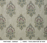 Thick Linen Pure Hand Block Printed Sage Green and Gray Floral 58" Wide Fabric for Decorative Home Decor - SAMRAAT