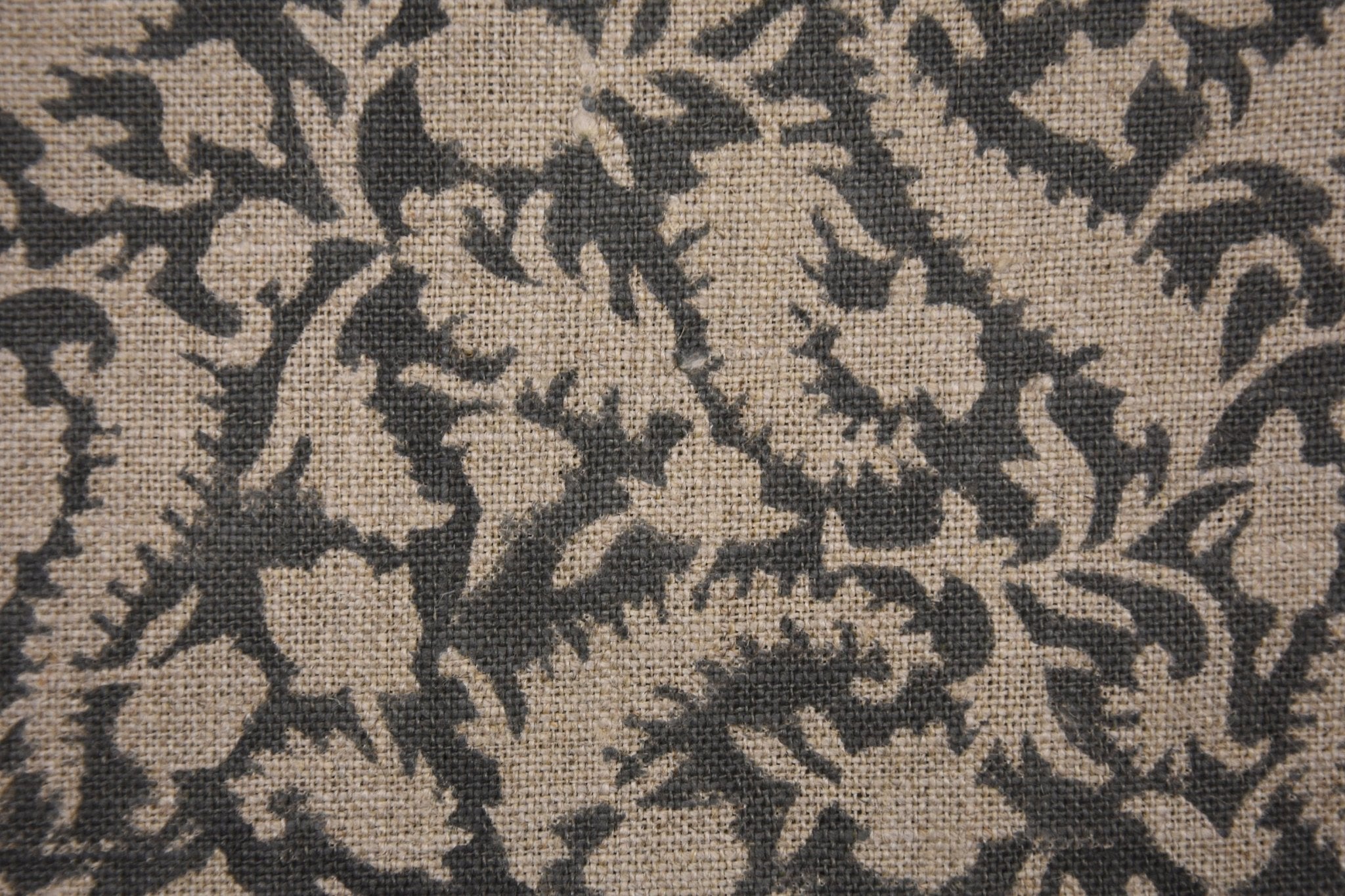 Handcrafted Block Printed Beige and Gray Floral in Thick Linen Fabric for Decorative Cushion Covers - Black Forest
