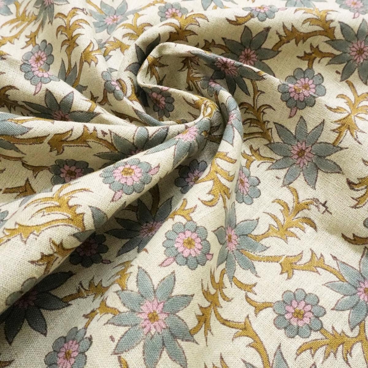 Heavy Linen for Bedding, Table Covers, and Drapes with Classic Block Print Organic Look Linen with Handmade Block Prints for Pillows and Totes Artisan Natural Linen Fabric, Heavy Weight with Traditional Block Printing .