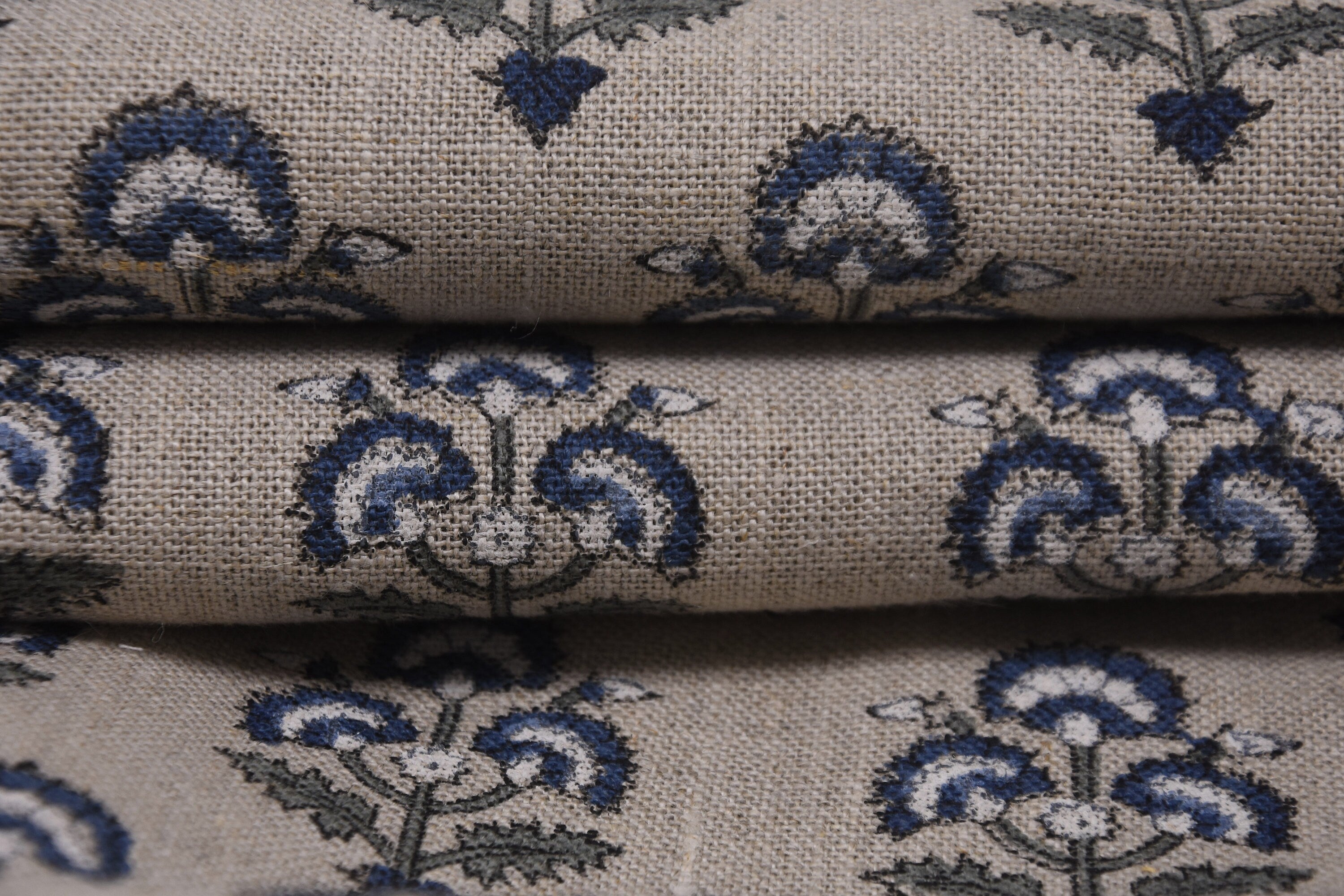 Handmade Black Olive and Charcoal Floral Block Printed Thick Linen Fabric 58" Wide for Decorative Pillows – Traffic Light