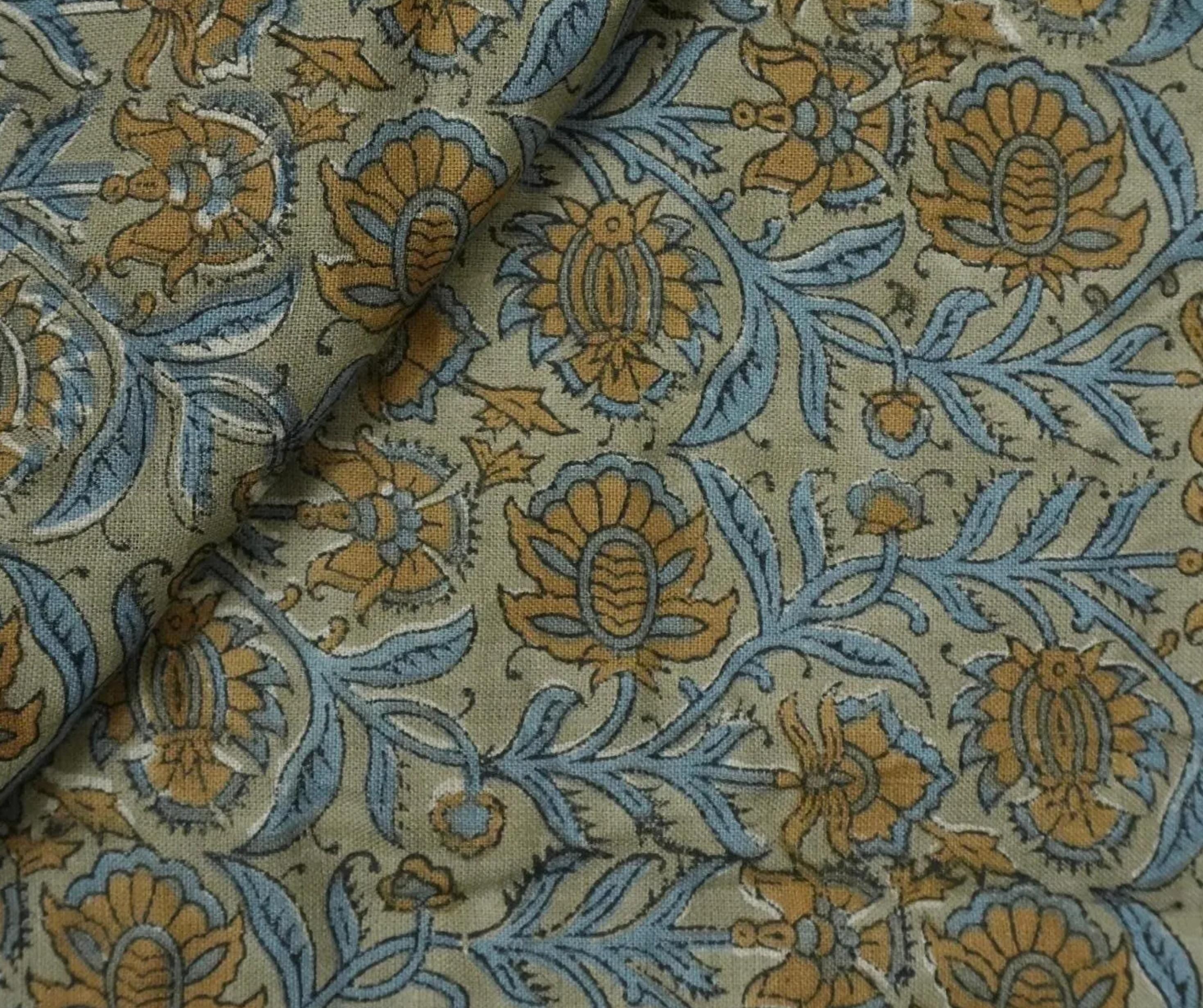 Linen Block Print Fabric 58 Inch Width Medium Weight Linen Natural Base Color Curtains and Drapes Upholstery Handmade Art Pillow Covers Tablecloths and Runners Bedding Tote Bag Lampshades by Fabritual