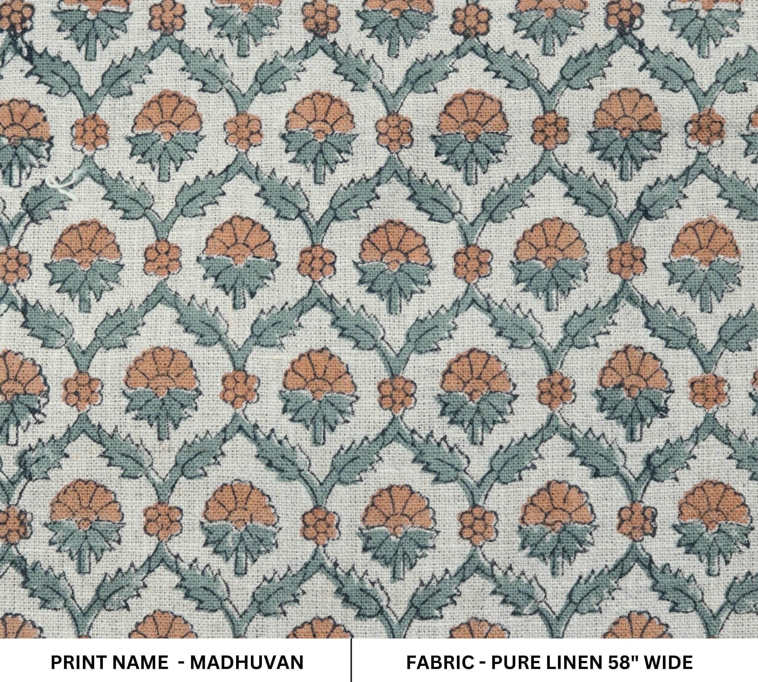 Linen Block Print Fabric 58 Inch Width Medium Weight Linen Natural Base With  Floral Color Curtains and Drapes Upholstery Pillow Covers Tablecloths and Runners Bedding Tote Bag Lampshades Napkins by Fabritual