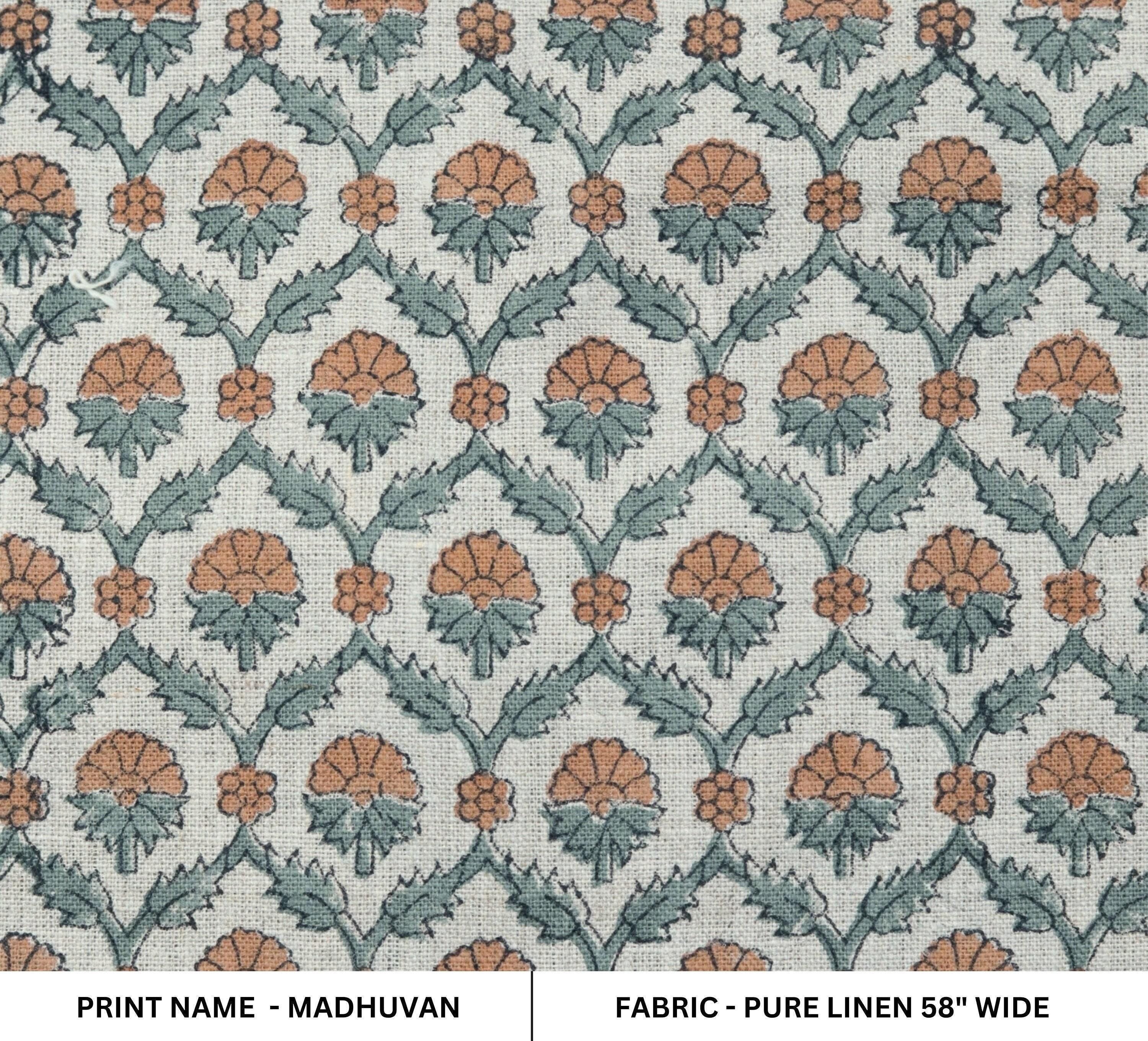 Linen Block Print Fabric 58 Inch Width Medium Weight Linen Natural Base With  Floral Color Curtains and Drapes Upholstery Pillow Covers Tablecloths and Runners Bedding Tote Bag Lampshades Napkins by Fabritual