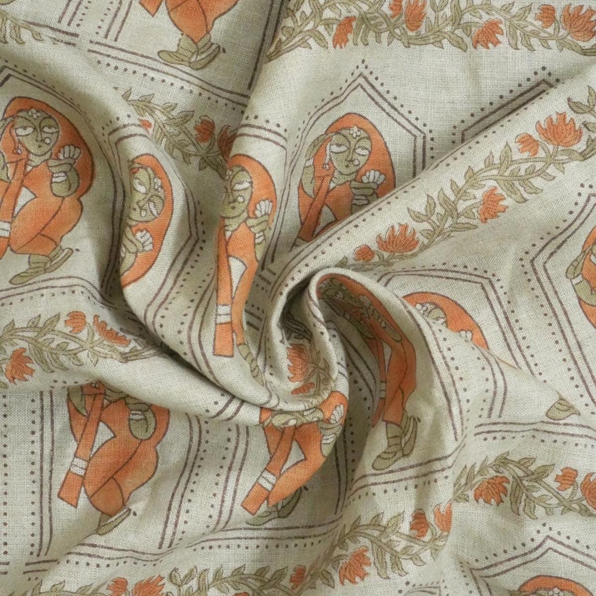 Artisan Block Printed Heavy Linen in Neutral Base, Perfect for Home Decor Projects Fabritual 58-Inch Linen Fabric with Botanical Block Print for Drapes and Cushion Covers Handcrafted Linen Block Print Fabric, Durable Material for Totes and Table Runners .