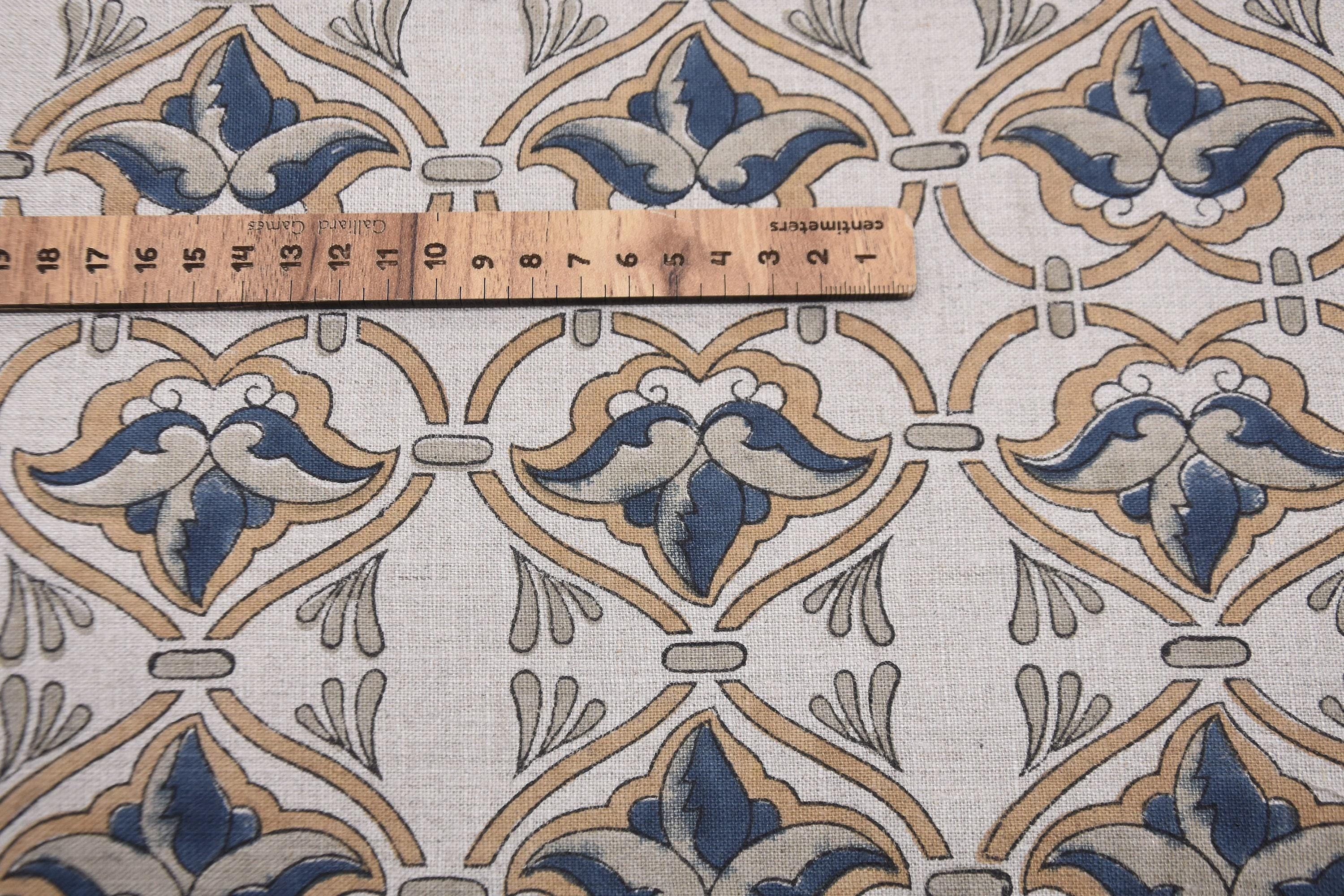 Linen Block Print Fabric 58 Inch Width Medium Weight Linen Natural Base Color Curtains and Drapes Upholstery Handmade Art Pillow Covers Bedding Tote Bag Lampshades Napkins by Fabritual