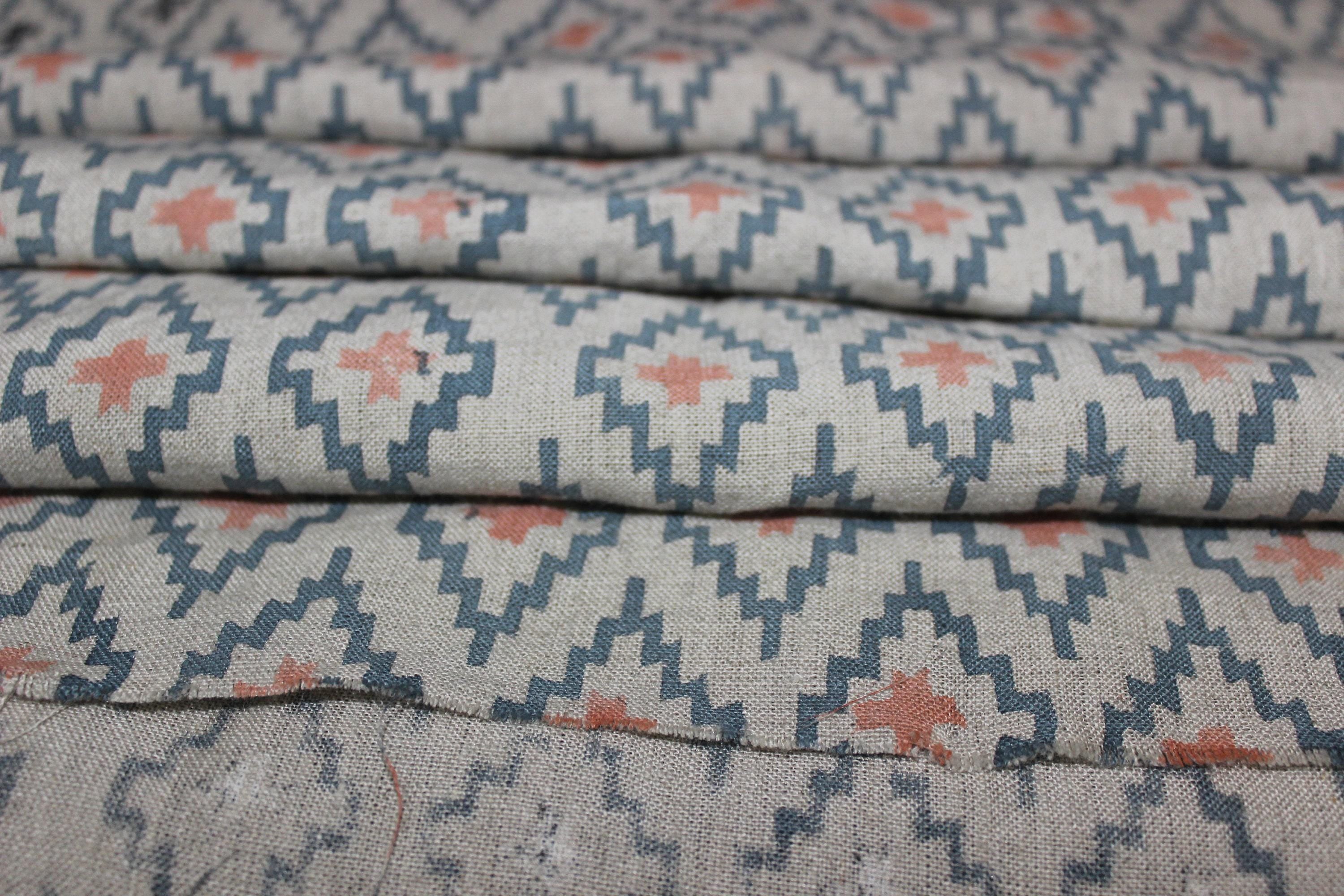 Linen Block Print Fabric 58 Inch Width Heavy Weight Linen Natural Base Color Curtains and Drapes Upholstery Handmade Art Pillow Covers Bedding Tote Bag Lampshades Napkins by Fabritual