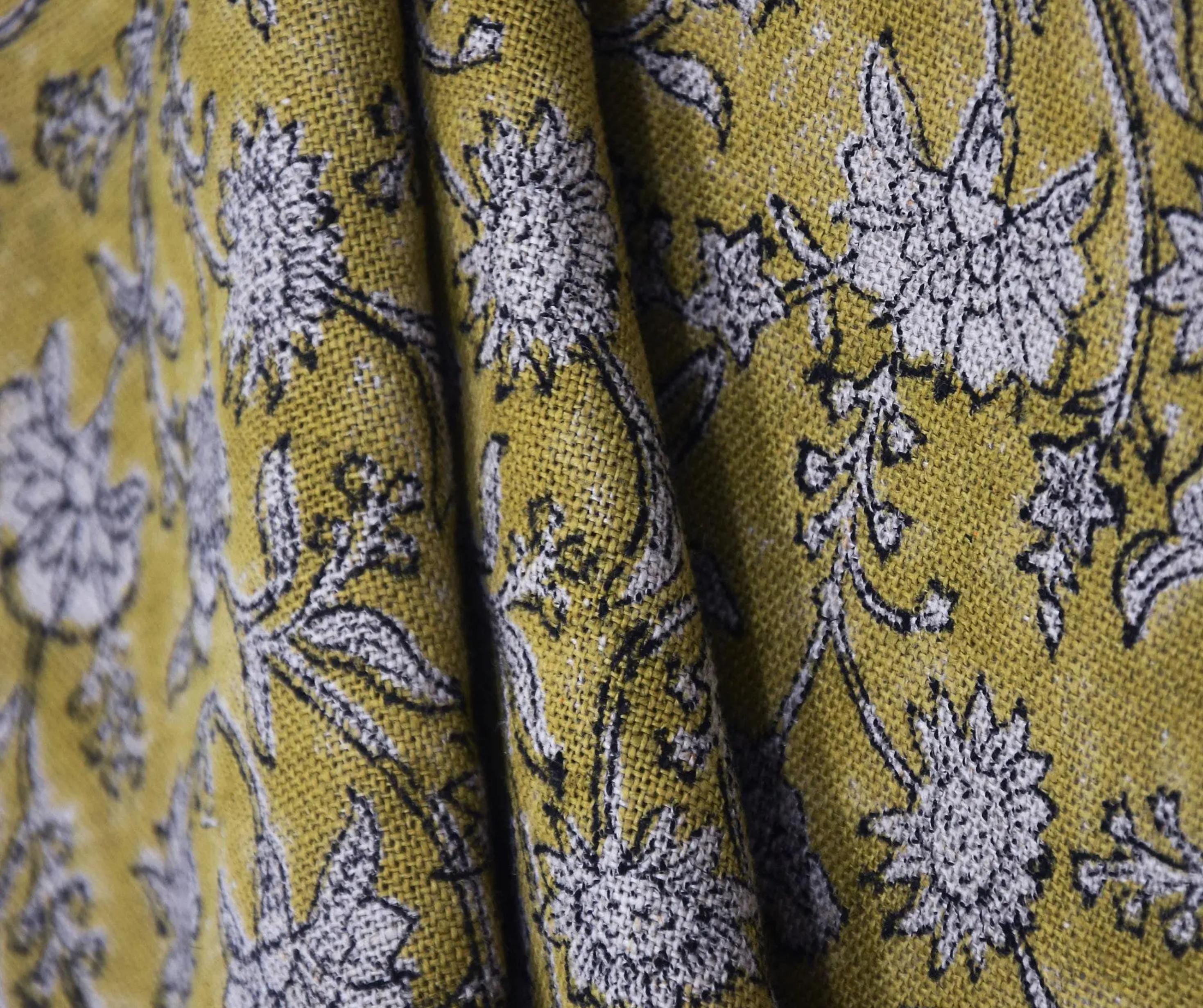 Linen Block Print Fabric 58 Inch Width Heavy Weight Linen Natural Base Color Curtains and Drapes Upholstery Handmade Art Pillow Covers Tablecloths and Runners Bedding Tote Bag Lampshades Napkins by Fabritual