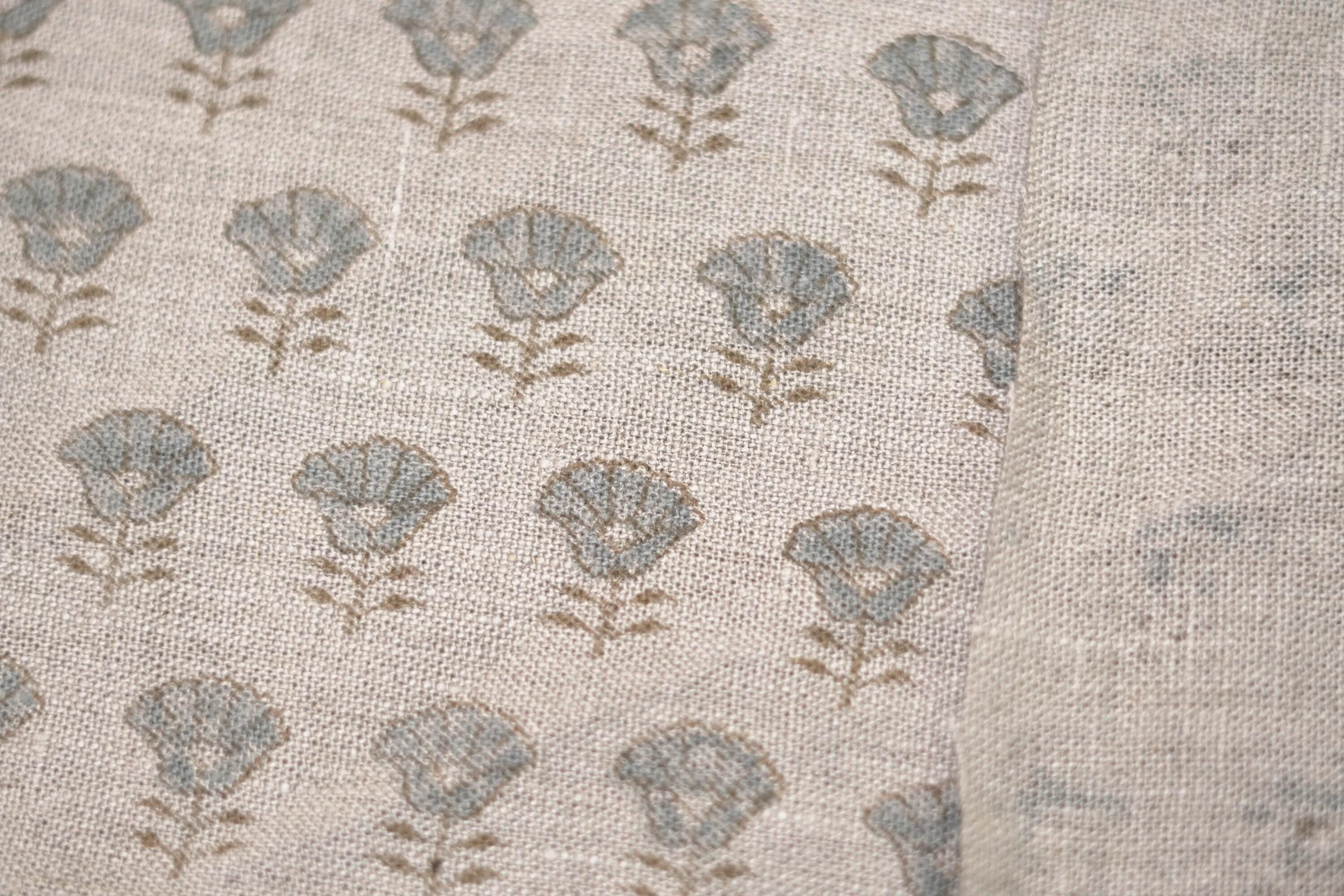 Linen Block Print Fabric 58 Inch Width Heavy Linen Natural Base Color Floral Curtains and Drapes Upholstery Pillow Covers Tablecloths and Runners Bedding Tote Bag by Fabritual