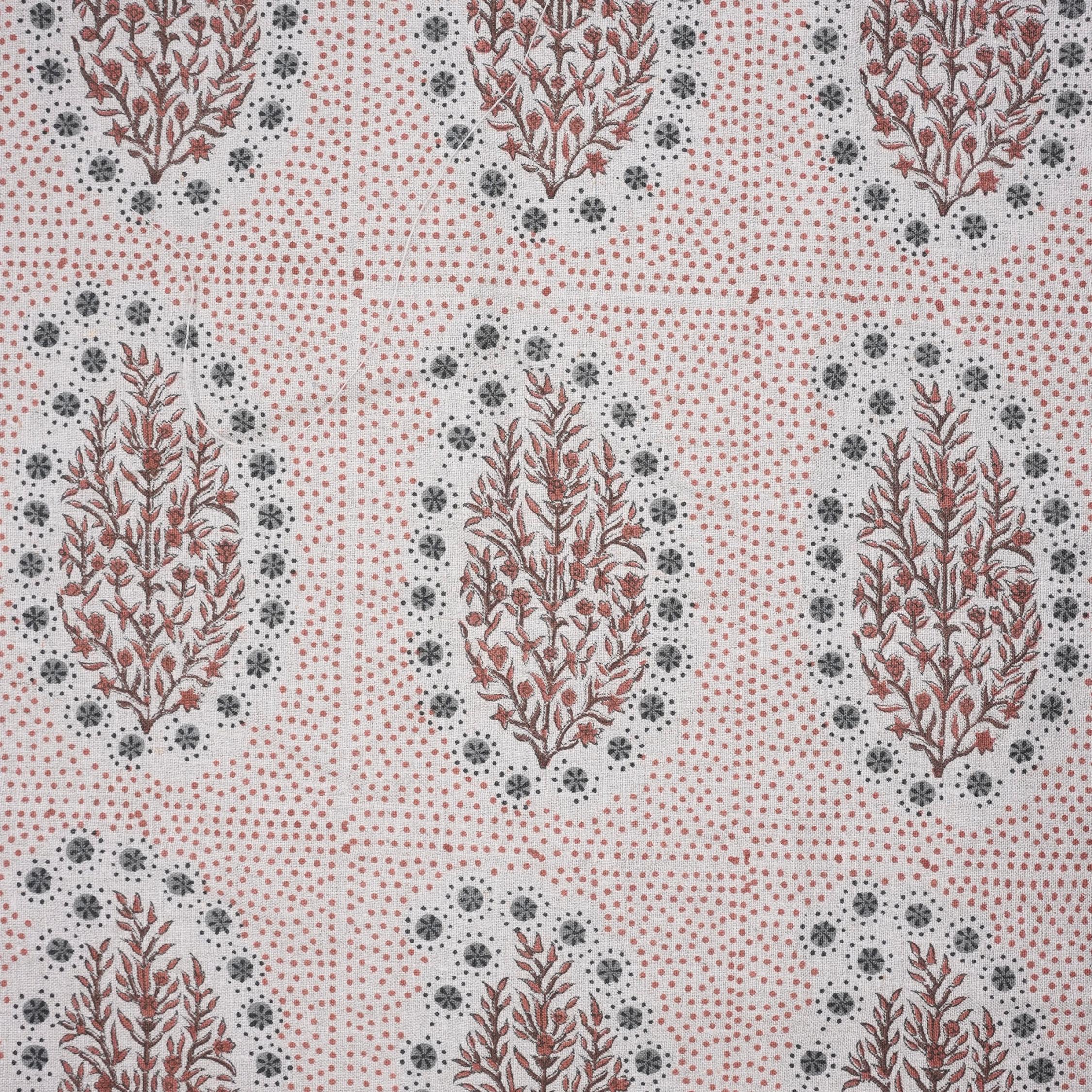 Indian Ancient Block Print Window Curtain Fabric on Natural Linen with Brown and Gray Floral - Vatika Design