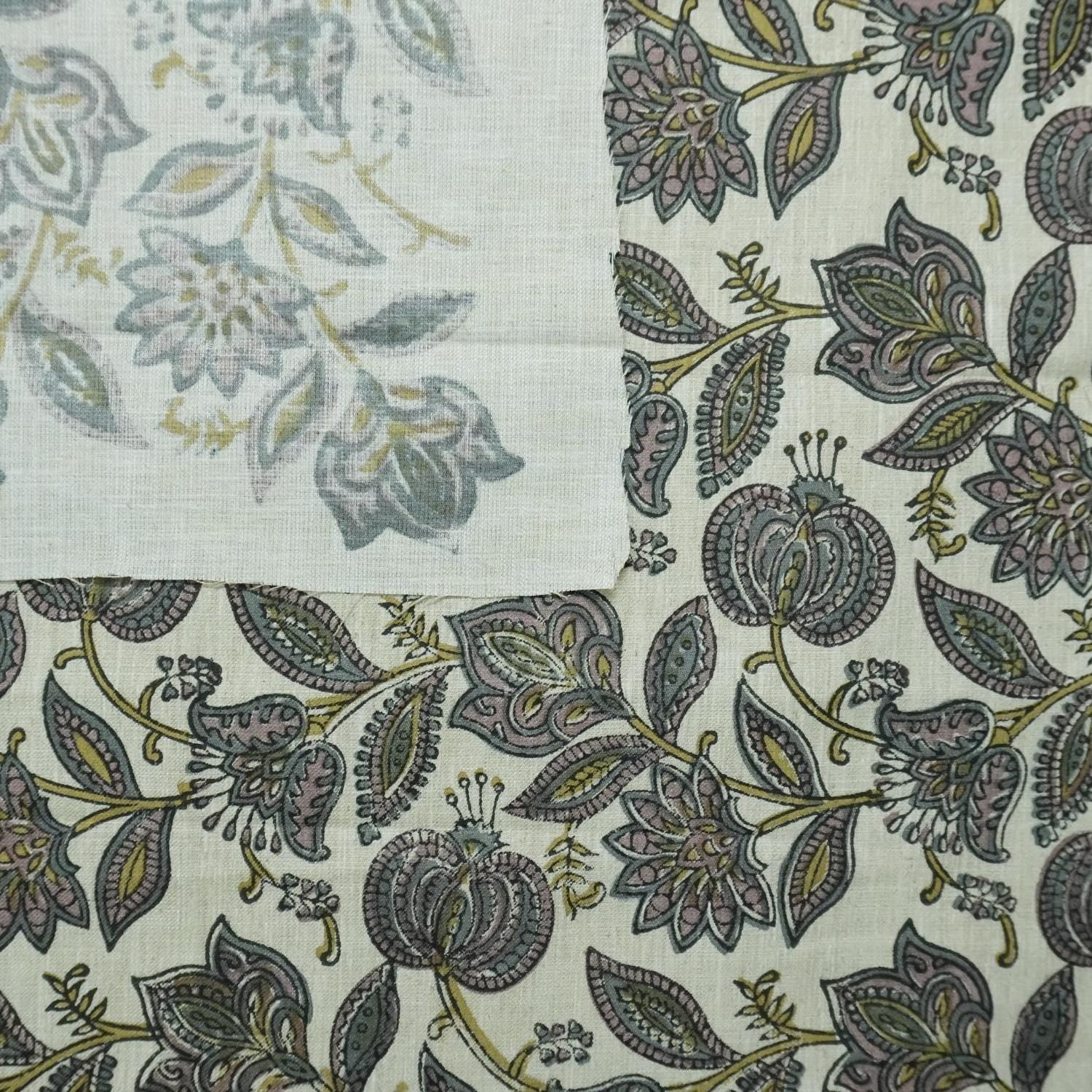 LINEN HAND BLOCK PRINT FLORAL HANDMADE LINEN BY THE YARD DRAPERY LINEN BLEND NATURAL - CUSTARD APPLE