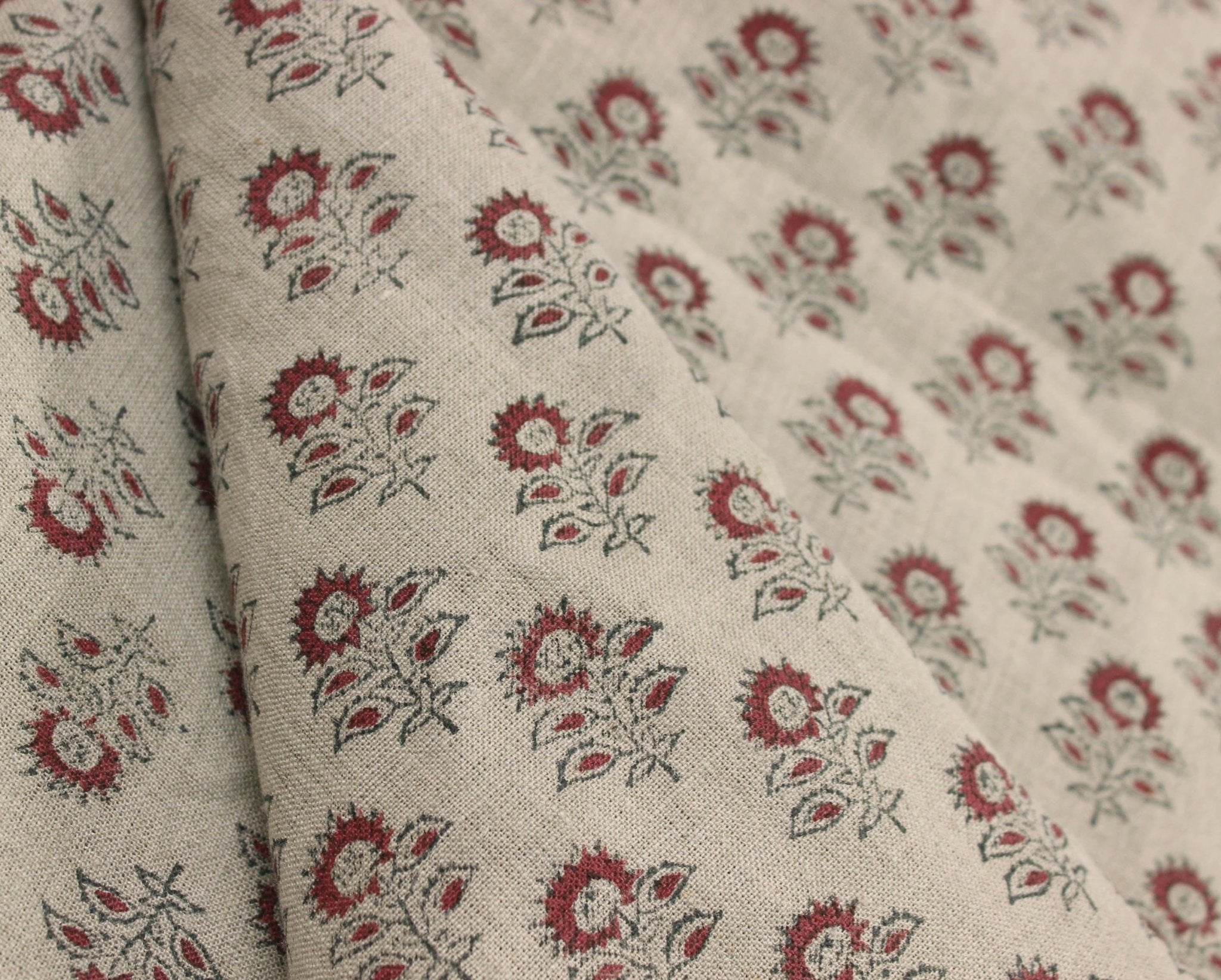 Linen Block Print Fabric 58" Width Heavy Linen Natural Base Color Curtains and Drapes Upholstery Pillow Covers Tablecloths and Runners Bedding Tote Bag by Fabritual