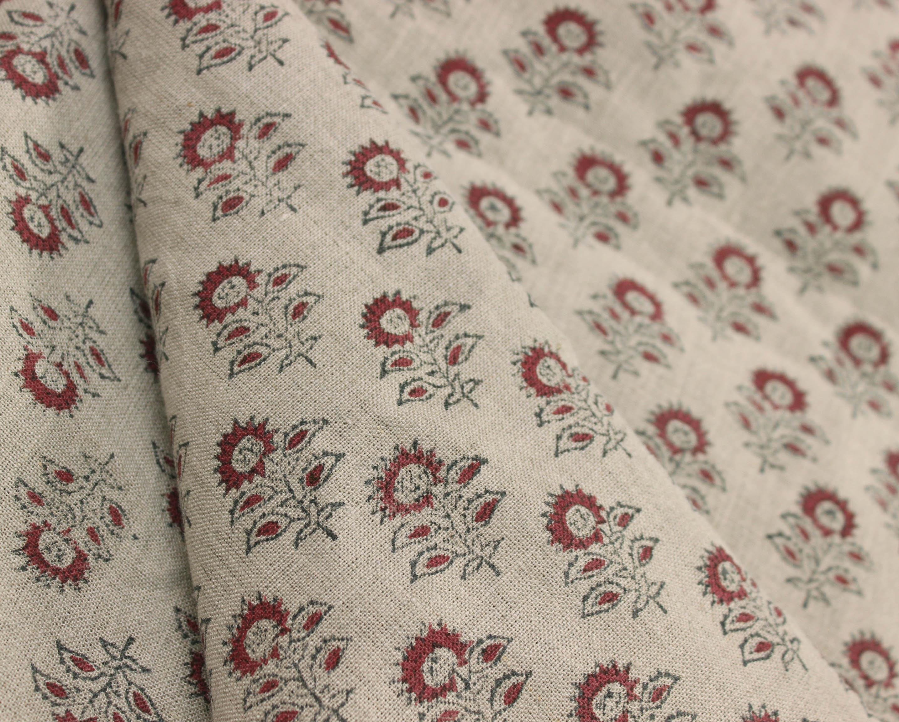 Linen Block Print Fabric 58&quot; Width Heavy Linen Natural Base Color Curtains and Drapes Upholstery Pillow Covers Tablecloths and Runners Bedding Tote Bag by Fabritual