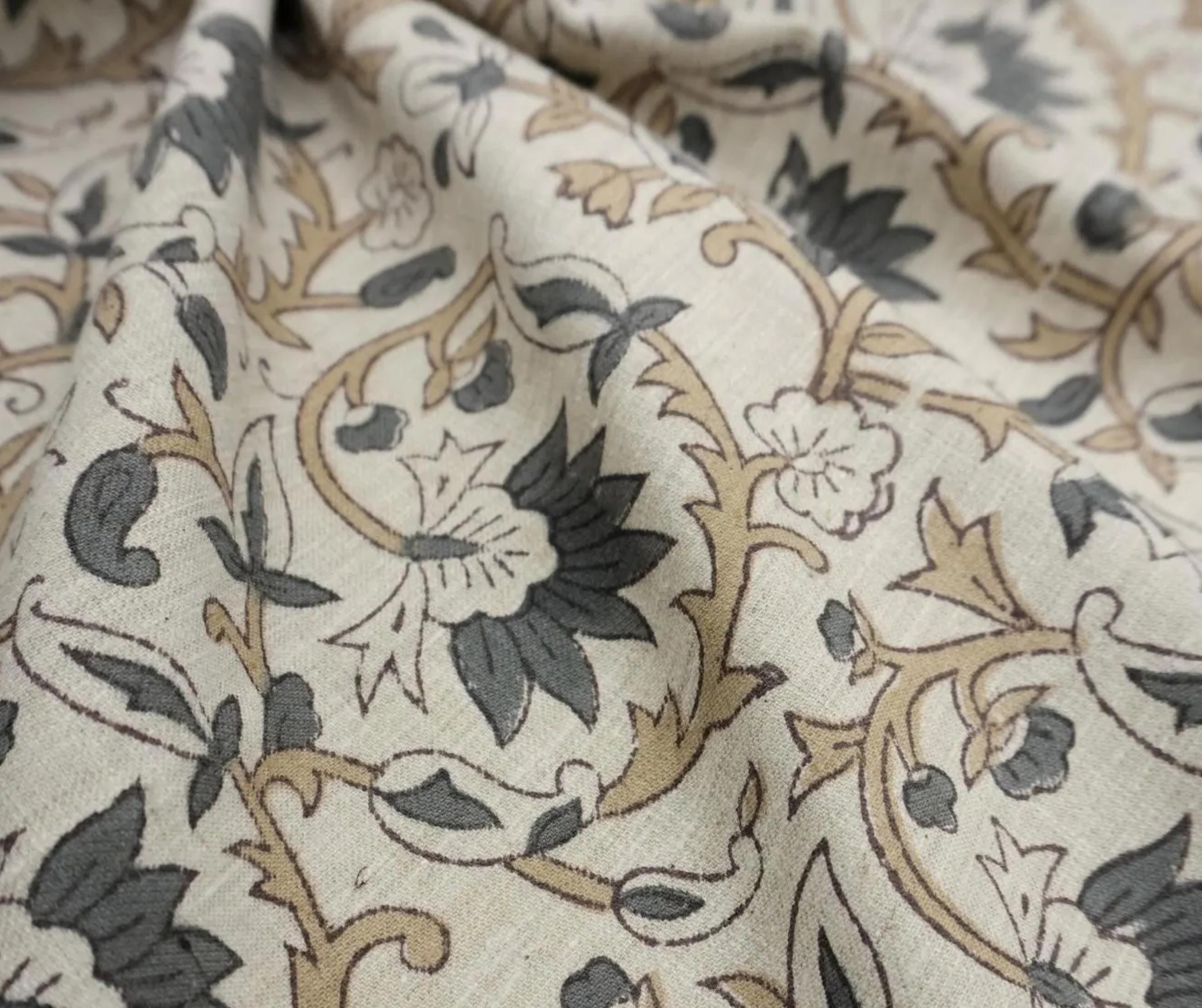 Linen Block Print Fabric Linen Blend 58 Inch Width Light Weight Linen Natural Base Color Curtains and Drapes Handmade Art Pillow Covers Tablecloths and Runners Bedding Tote Bag Lampshades Napkins by Fabritual