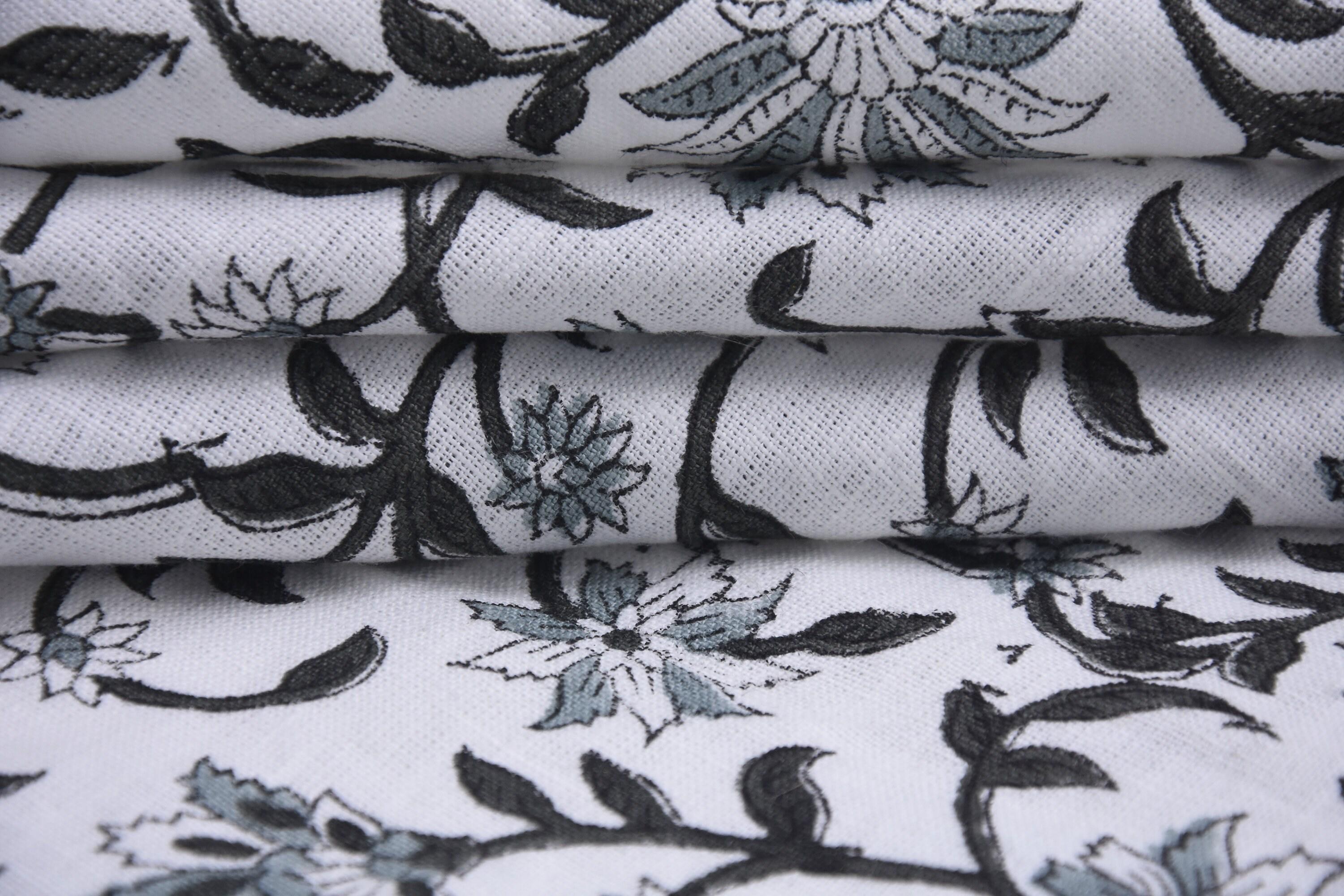 Handcrafted Printed Pure White Linen Gray Floral Throw Boho Fabric for Crop Tops & Dungarees – ARADHNA