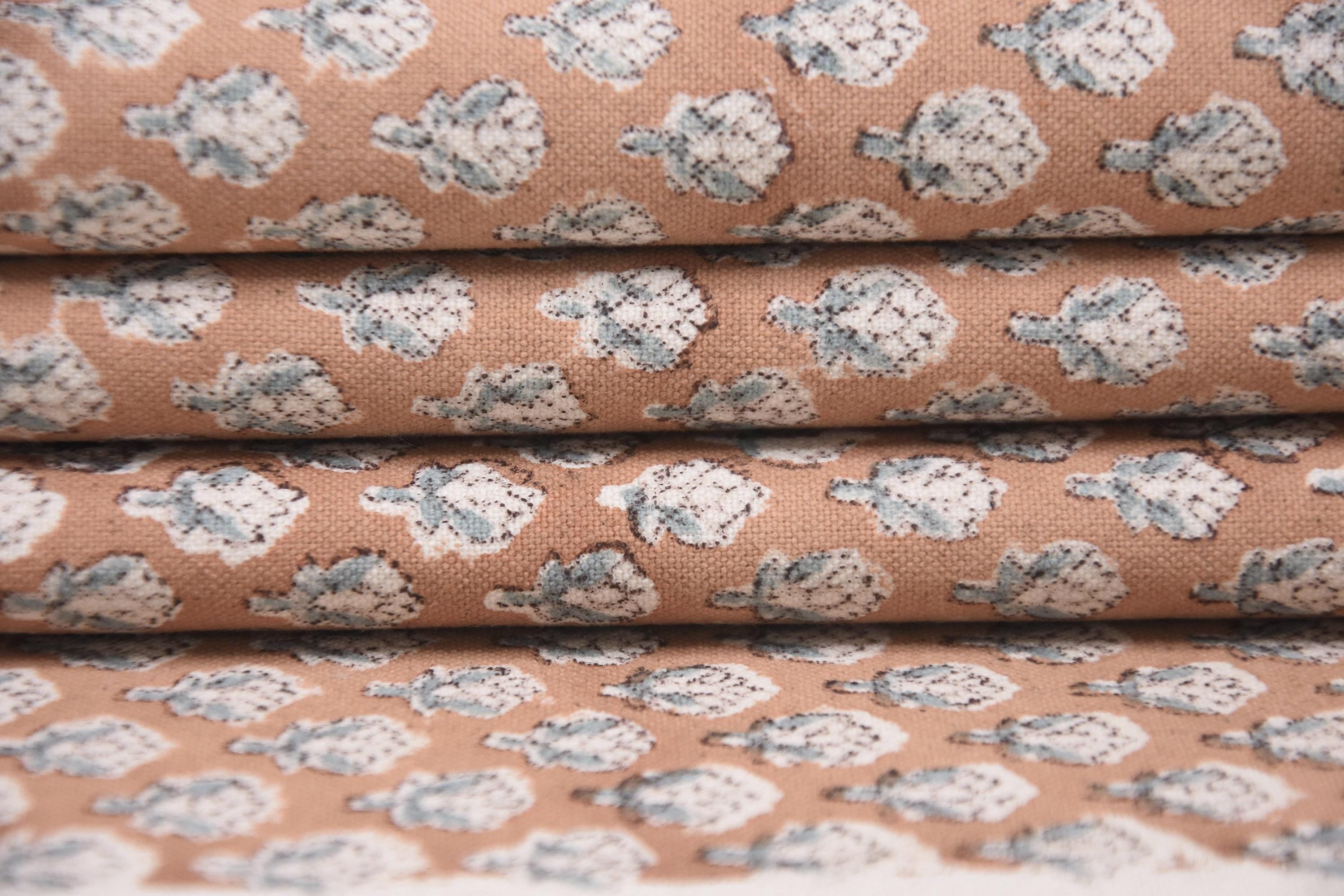 Duck Canvas 50" Wide Hand Block Printed Brown Mini Floral Fabric for Pillow Covers - MOGRA PHOOL