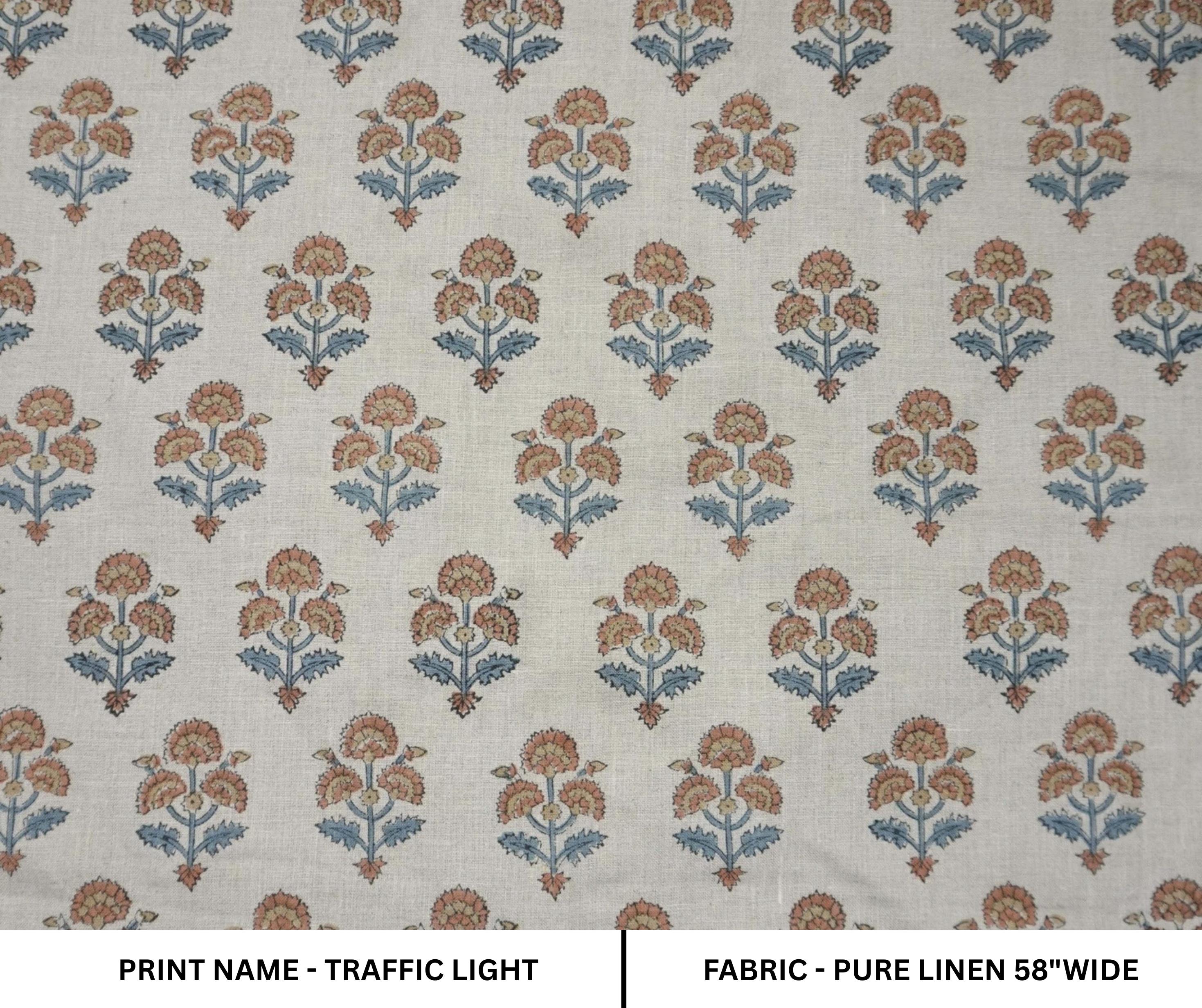 Linen Block Print Fabric 58 Inch Width Medium Weight Linen Natural Base Color Curtains and Drapes Upholstery Handmade Art Pillow Covers Tablecloths and Runners Bedding Tote Bag Lampshades Napkins by Fabritual