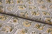 Hand Block Printed AMARBEL 58" Wide Pure Linen Fabric in Green & Mustard Big Floral for Lampshades