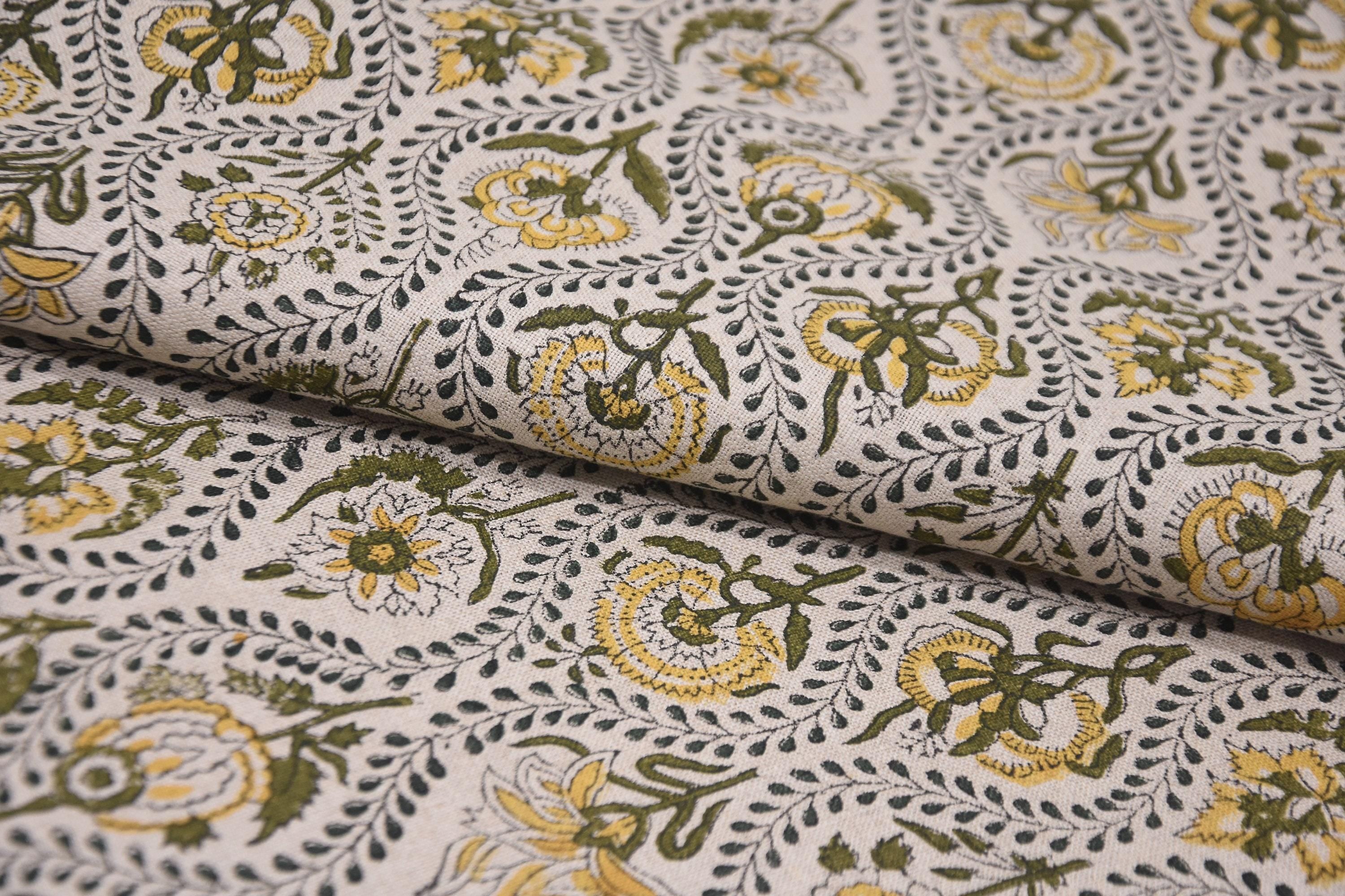 Hand Block Printed AMARBEL 58" Wide Pure Linen Fabric in Green & Mustard Big Floral for Lampshades