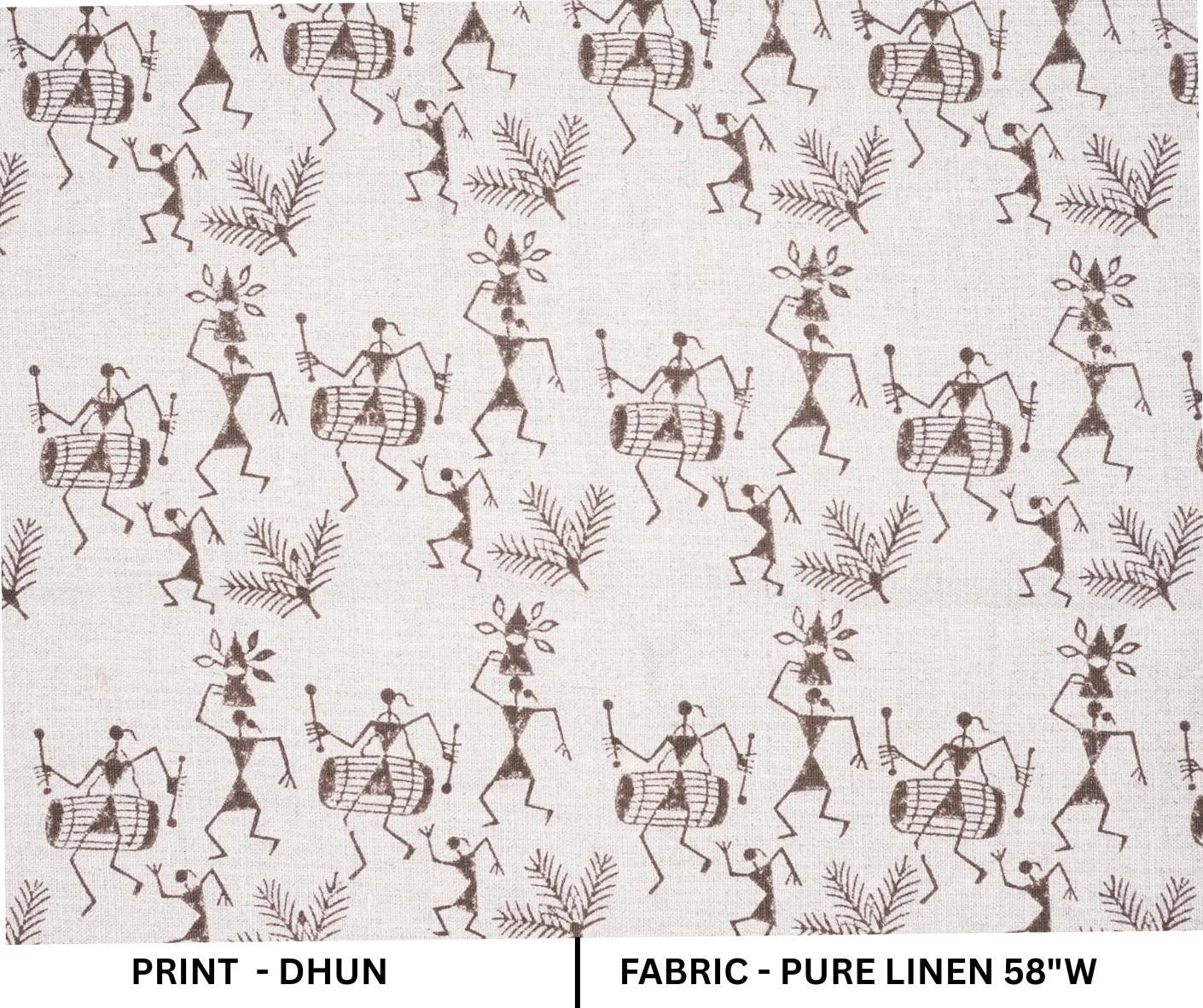 Handcrafted Dhun Print in Beige and Brown on Pure Linen Sofa Cushion Cover Fabric