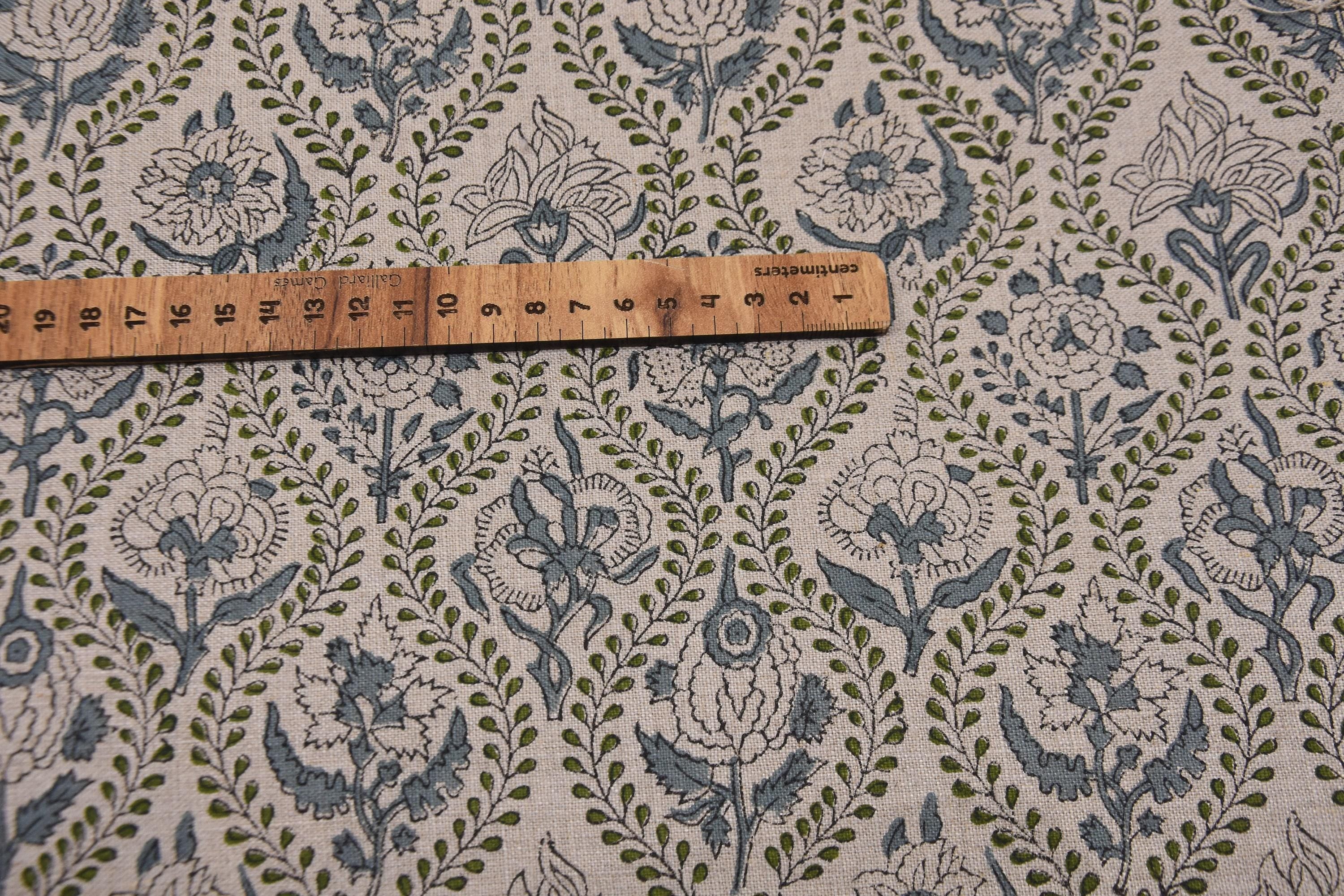 Linen Block Print Fabric 58 Inch Width Medium Weight Linen Natural Base Color Curtains and Drapes Pillow Covers Tablecloths and Handwashable Runners Bedding Tote Bag Lampshades Napkins by Fabritual