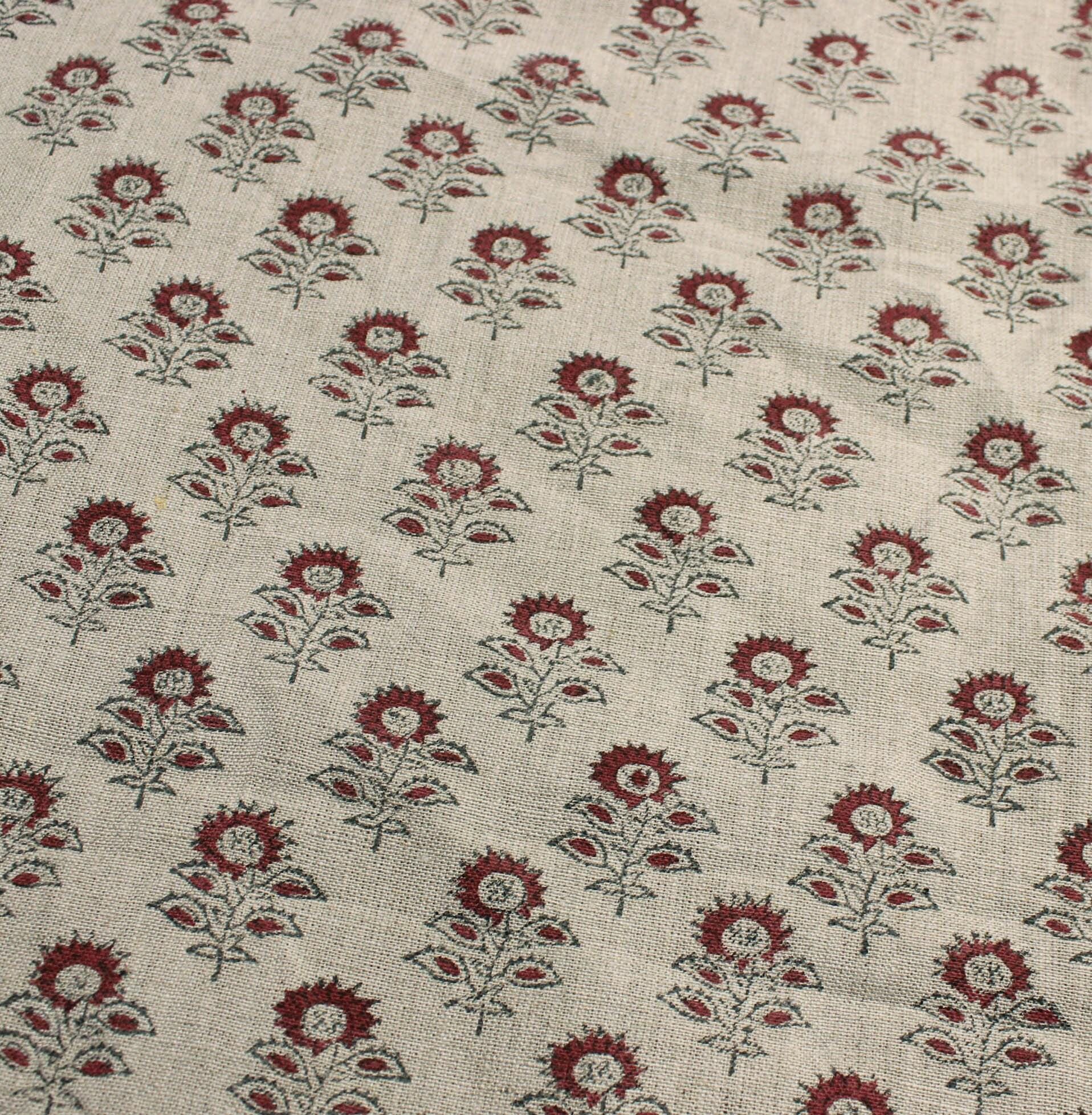 Linen Block Print Fabric 58&quot; Width Heavy Linen Natural Base Color Curtains and Drapes Upholstery Pillow Covers Tablecloths and Runners Bedding Tote Bag by Fabritual