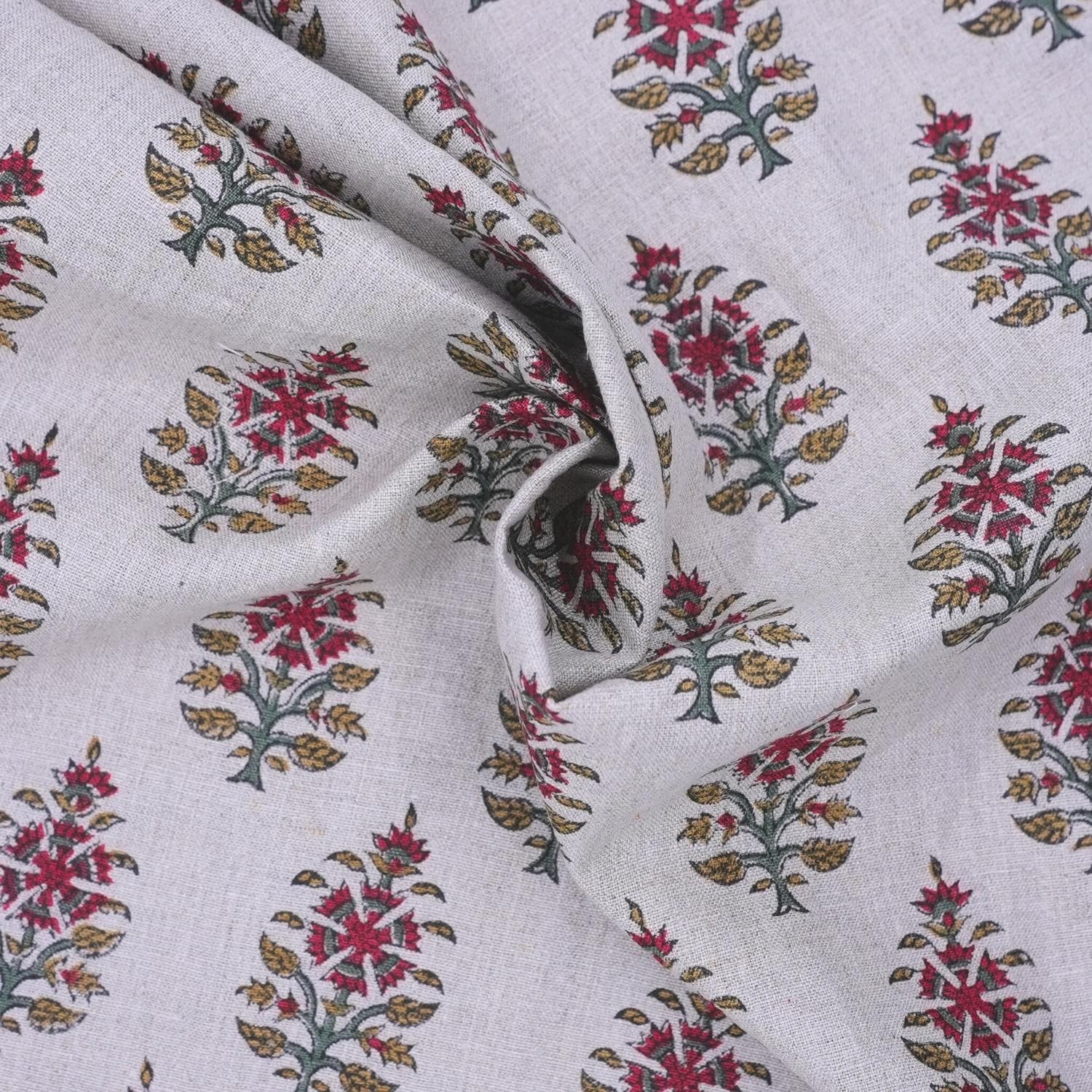 Indian Pure Linen Hand Block Printed Pink and Gray Floral Fabric for Upholstery & Couch - Upvan