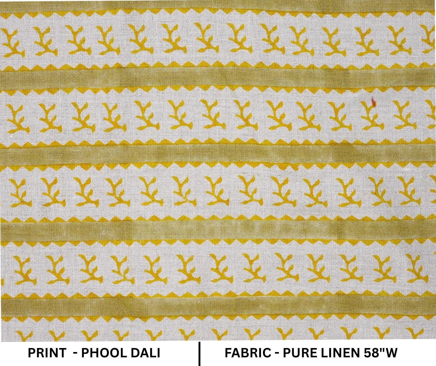 Hand Block Printed Decorative Mustard and Green Floral Pure Linen Fabric for Upholstery - Phool Dali