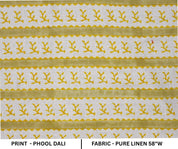 Hand Block Printed Decorative Mustard and Green Floral Pure Linen Fabric for Upholstery - Phool Dali