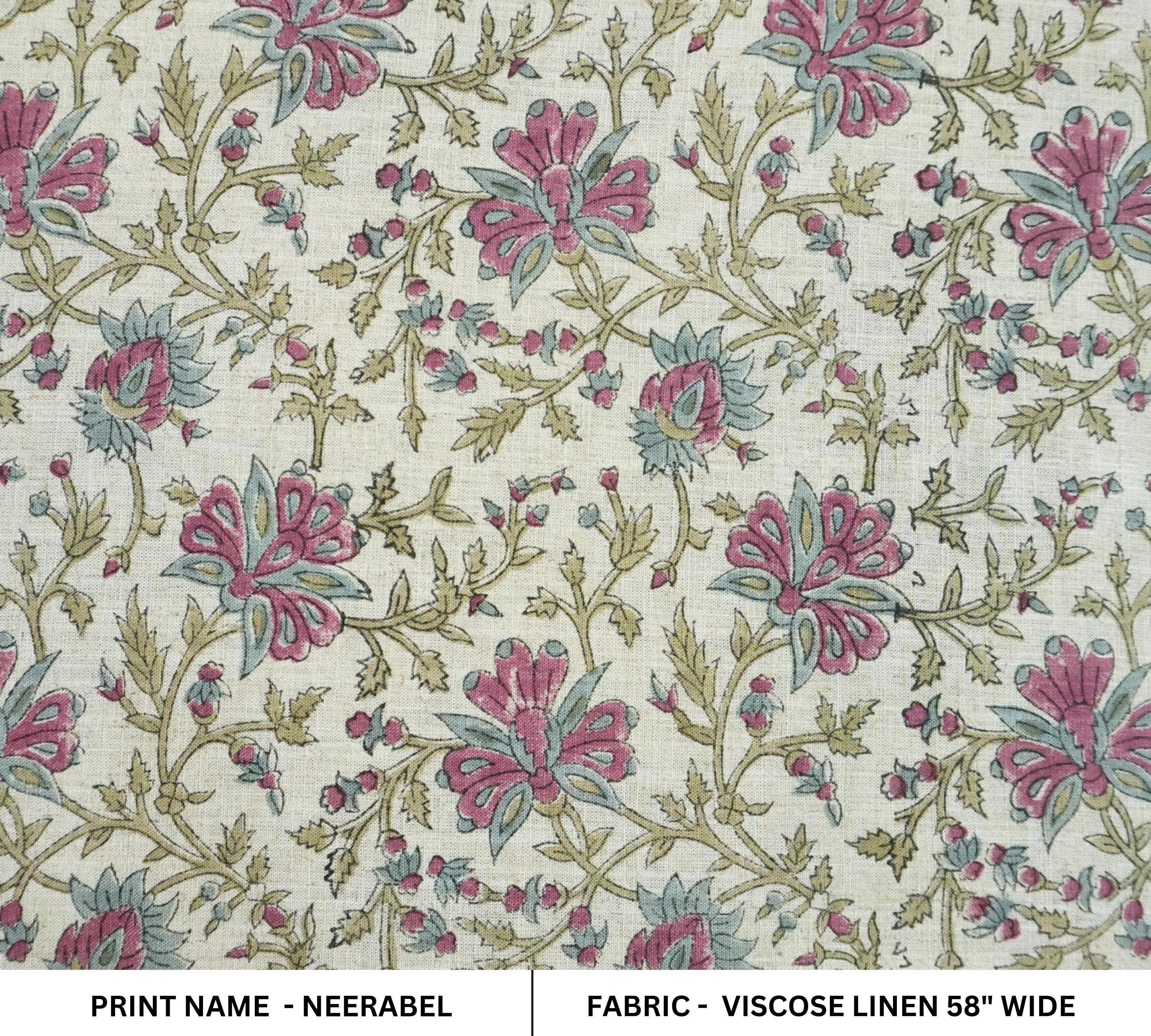 Thick Cotton Block Print Fabric viscose linen 58 Inch Width Light Weight Natural Base Color Curtains and Drapes Floral Pillow Covers Tablecloths and Runners Bedding Tote Bag Lampshades Napkins by Fabritual