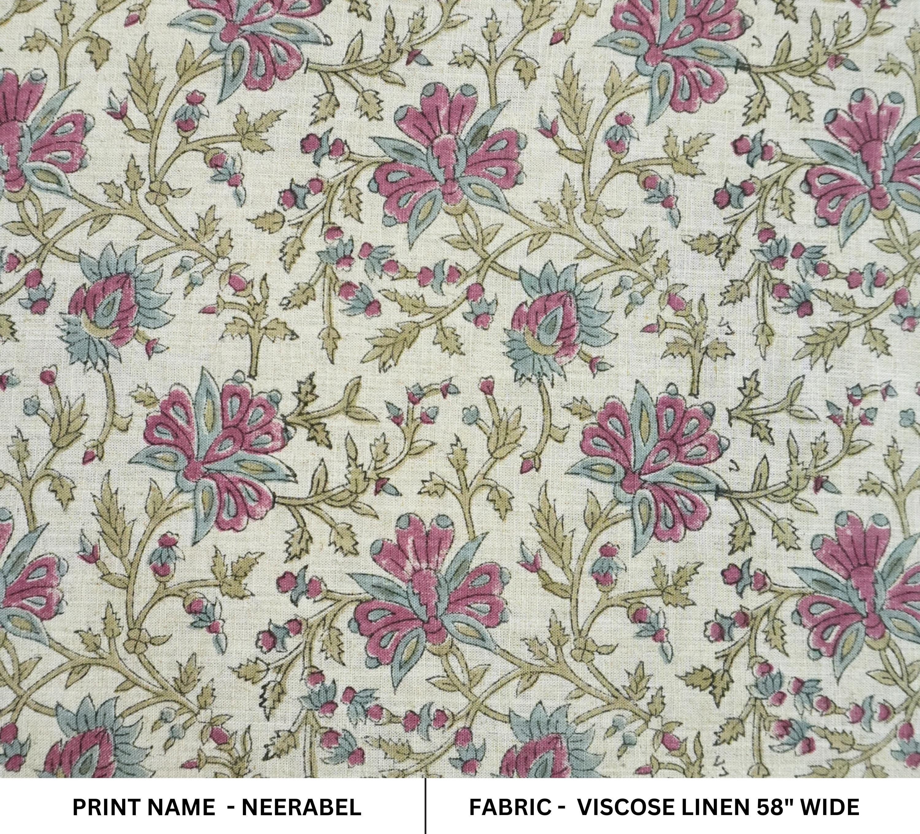 Thick Cotton Block Print Fabric viscose linen 58 Inch Width Light Weight Natural Base Color Curtains and Drapes Floral Pillow Covers Tablecloths and Runners Bedding Tote Bag Lampshades Napkins by Fabritual
