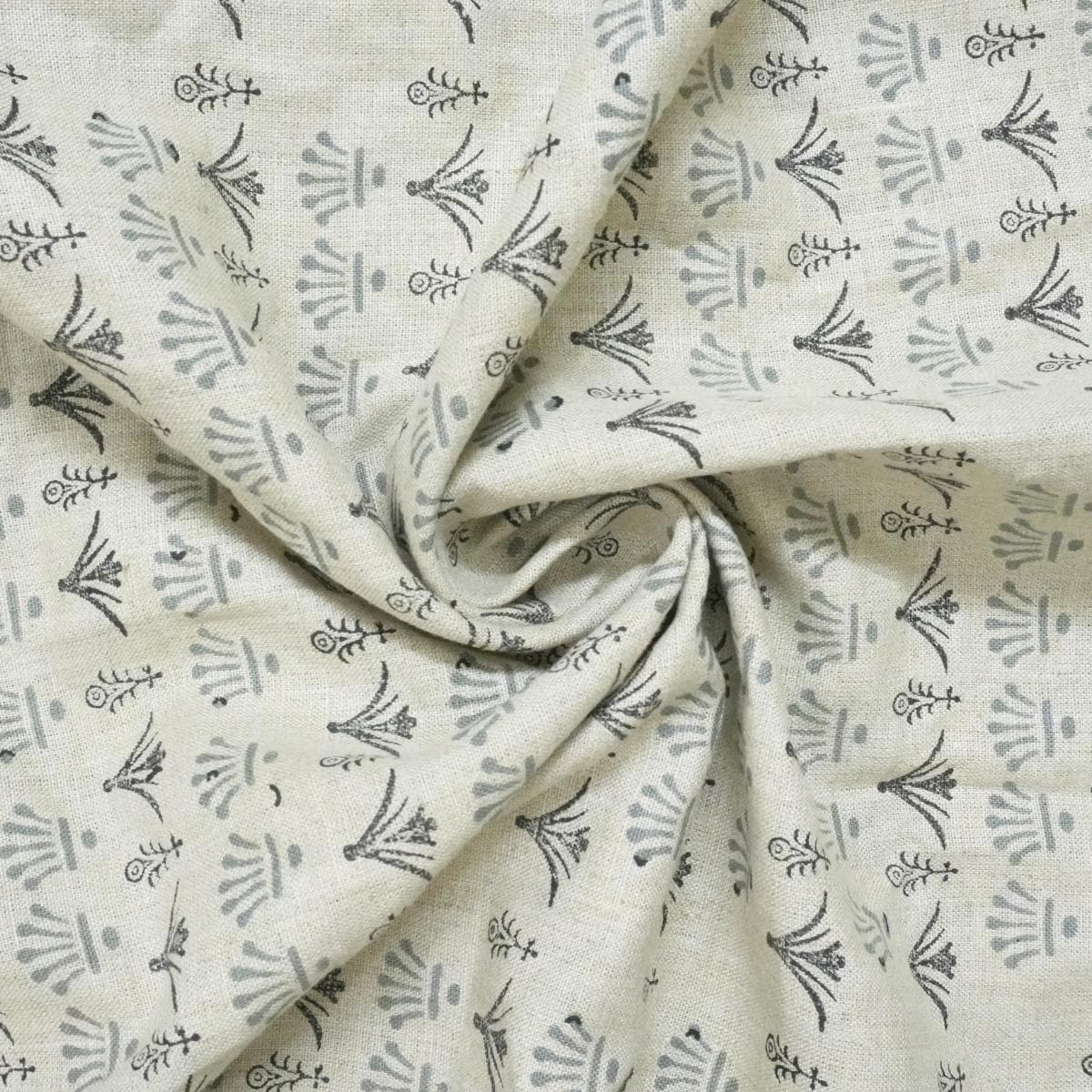 Handcrafted 100% Pure Linen Fabric with Block Print in Gray for Cushions & Windowpanes – Hastakala