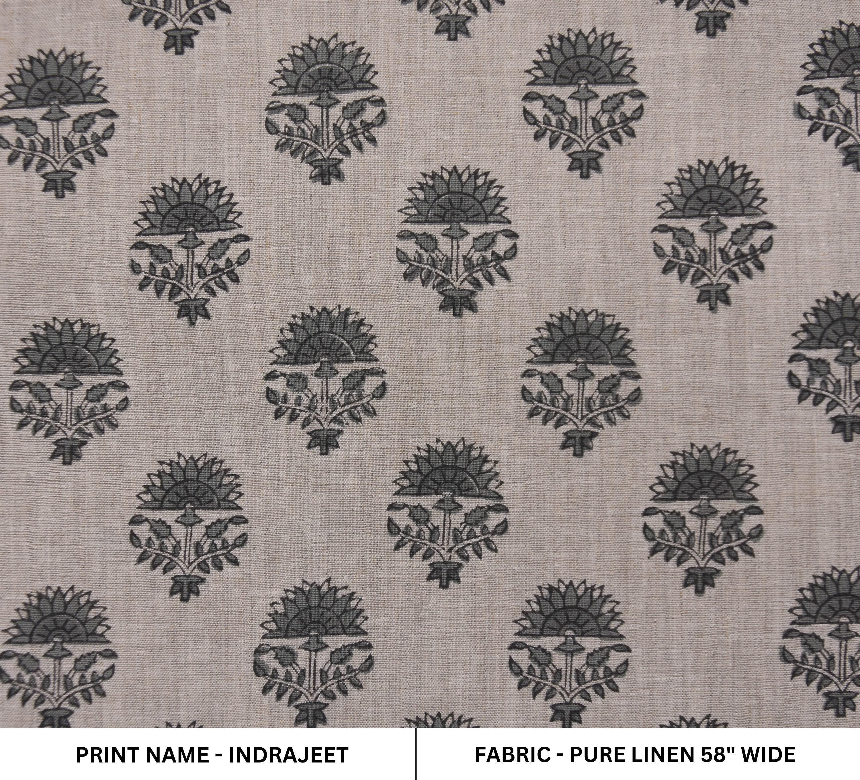 Indian Gray Floral Handmade Artisan Block Printed 100% Pure Linen 58" Wide Fabric for Napkins – Indrajeet