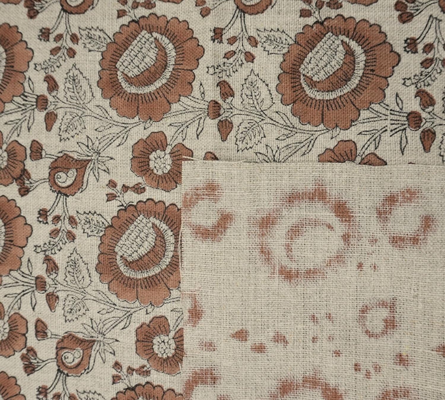 Linen Block Print Fabric 58 Inch Width Heavy Weight Linen Natural Base Color Curtains and Drapes Upholstery Handmade Art Tablecloths and Runners Bedding Tote Bag Lampshades Napkins by Fabritual