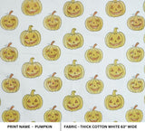 Yellow & Brown Ghost Pumpkin Print Thick Cotton White Fabric for Festive Decor & Tablecloths - PUMPKIN