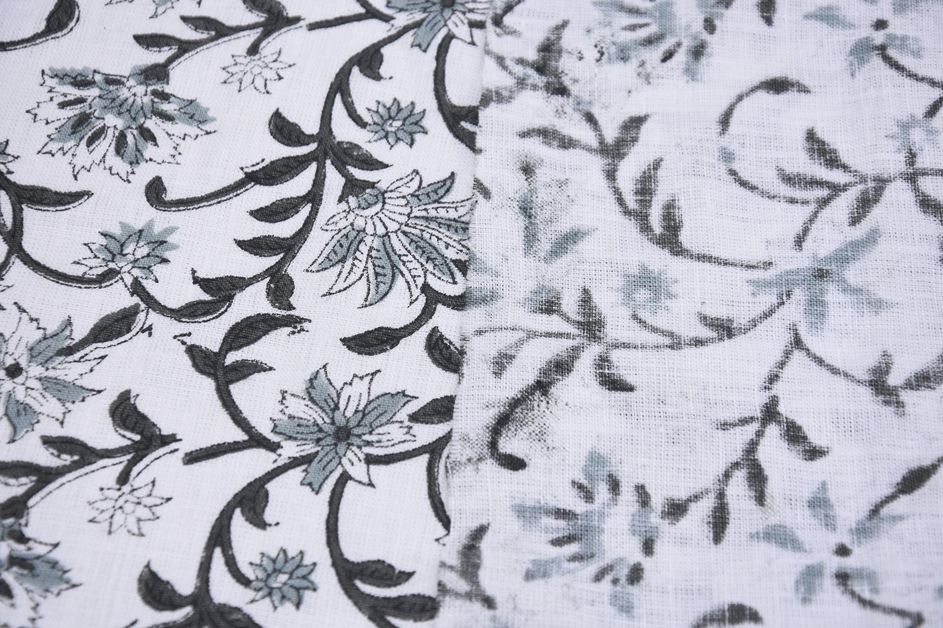 Handcrafted Printed Pure White Linen Gray Floral Throw Boho Fabric for Crop Tops & Dungarees – ARADHNA
