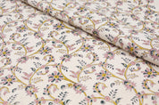 Floral patterned fabric with intricate designs on a white background