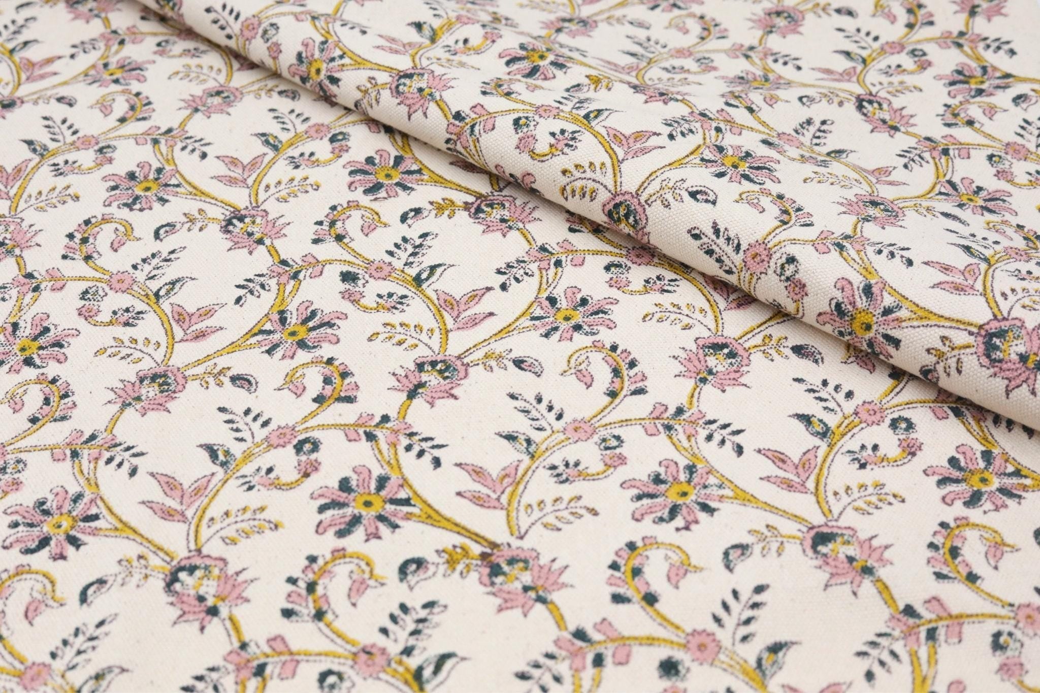 Floral patterned fabric with intricate designs on a white background