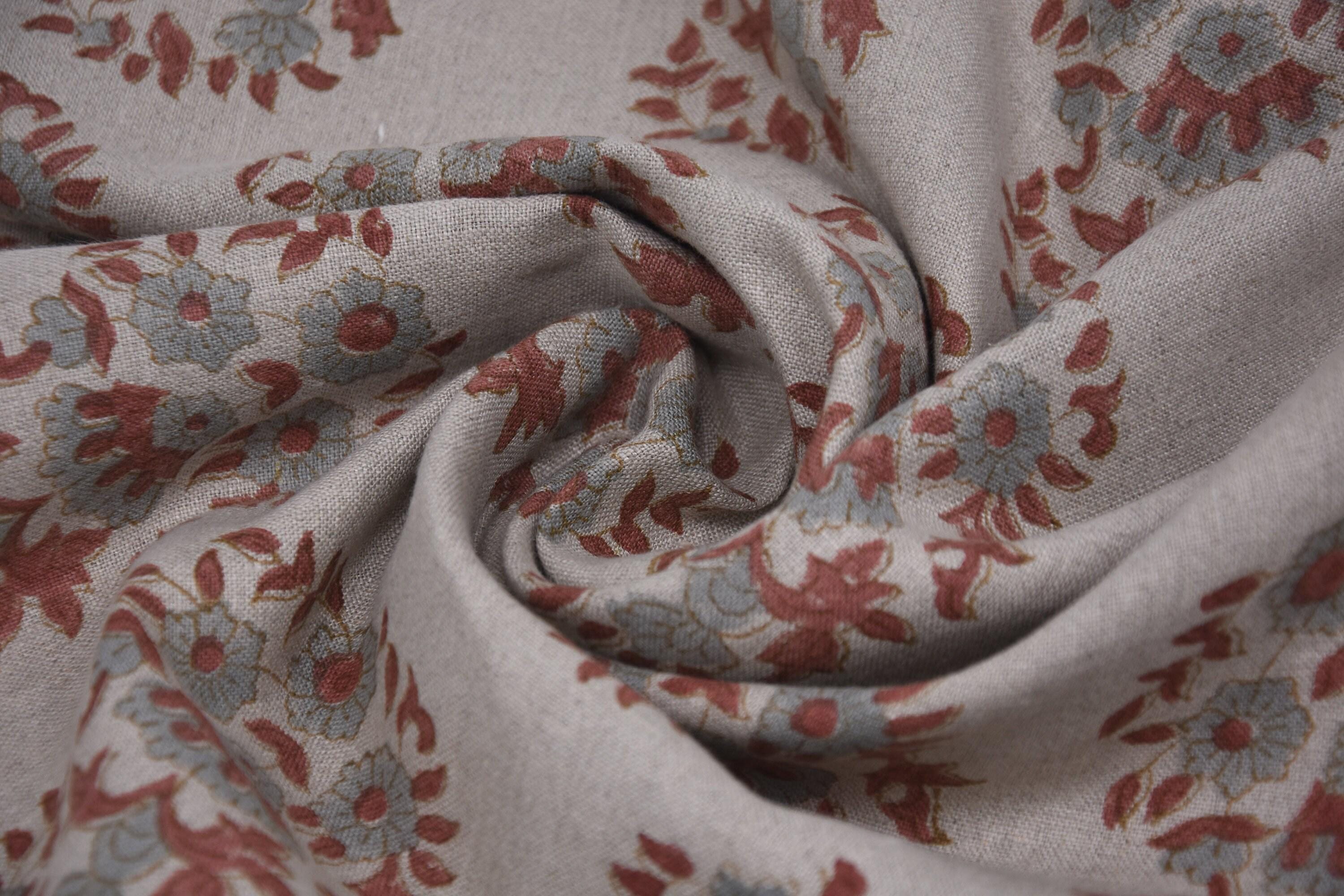 Indian Block Printed 100% Pure Linen Rust Brown & Pastel Blue Floral Fabric for Decorative Cushion Covers – Anarkali