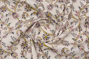 Floral patterned fabric with intricate designs on a white background