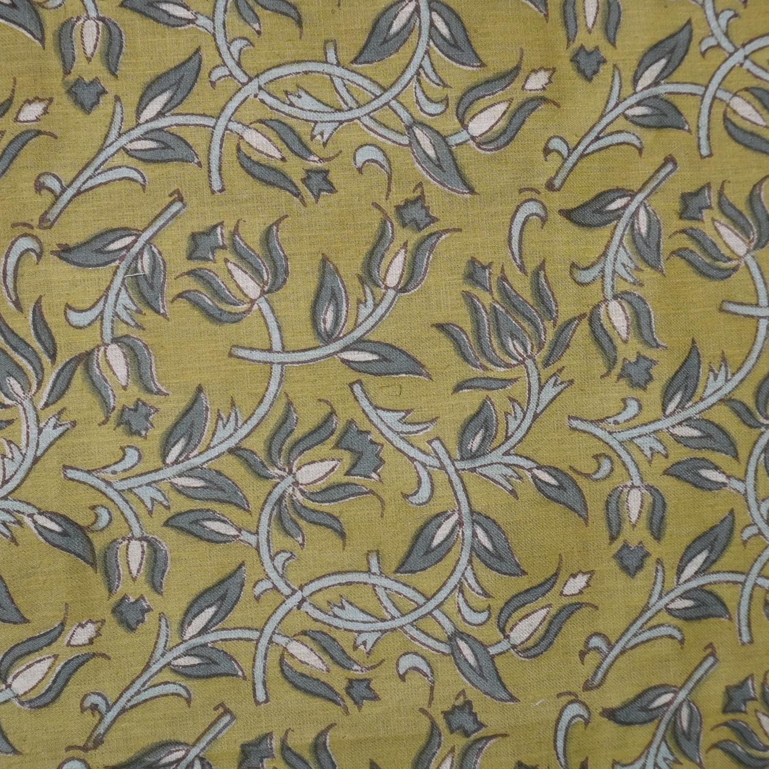 LINEN FLORAL BLOCK PRINT HANDMADE LINEN FABRIC FOR COUCH AND SOFA CUSHIONS - KAMAL DUTTA