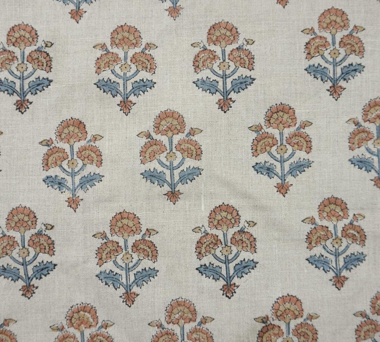 Linen Block Print Fabric 58 Inch Width Medium Weight Linen Natural Base Color Curtains and Drapes Upholstery Handmade Art Pillow Covers Tablecloths and Runners Bedding Tote Bag Lampshades Napkins by Fabritual