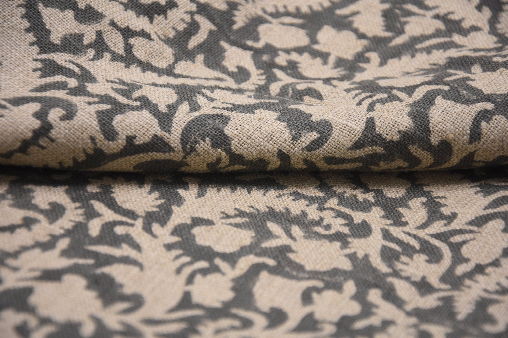 Handcrafted Block Printed Beige and Gray Floral in Thick Linen Fabric for Decorative Cushion Covers - Black Forest