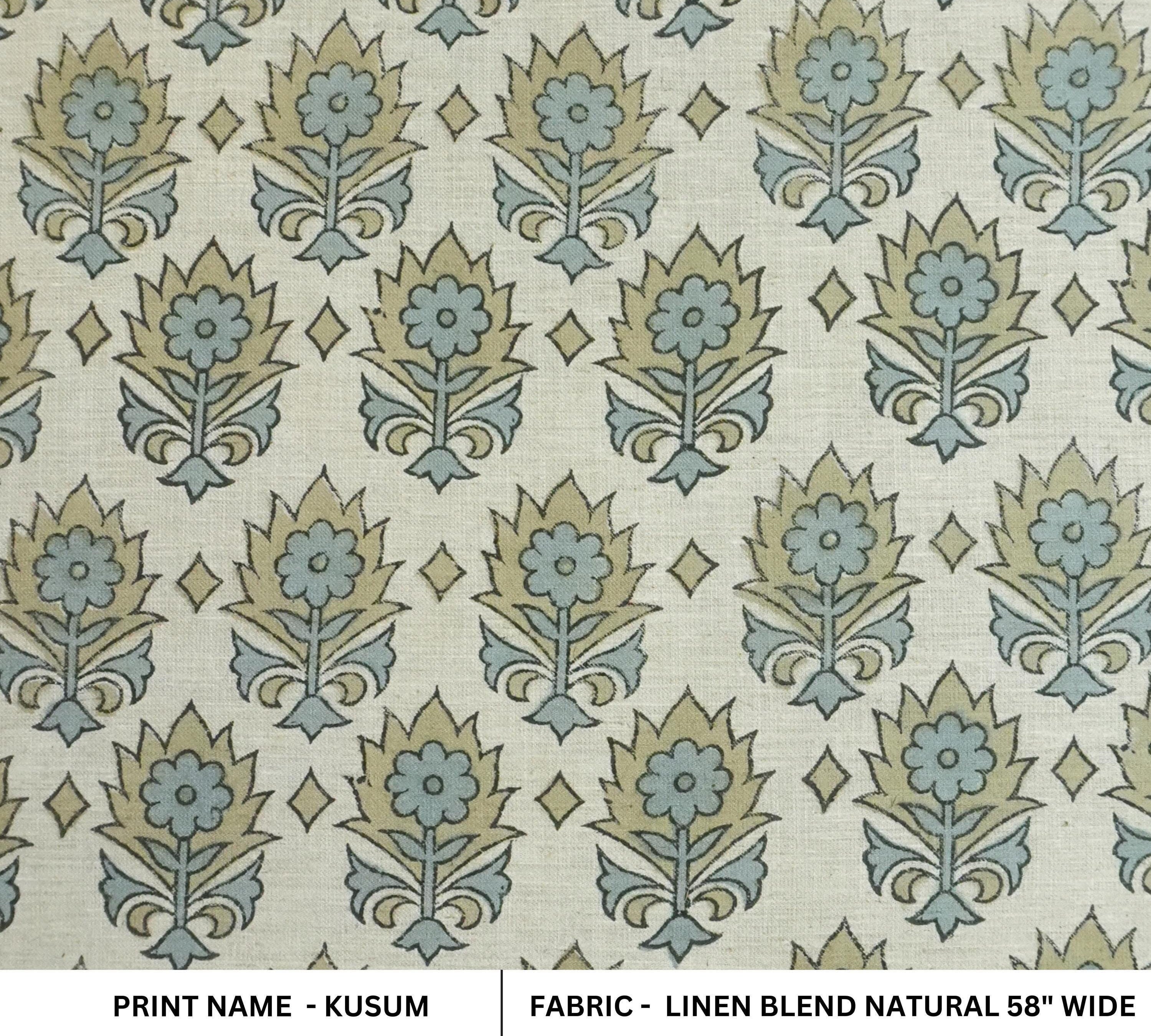Linen Block Print Fabric Linen Blend 58 Inch Width Light Weight Linen Natural Base Color Curtains and Drapes Handmade Art Pillow Covers Tablecloths and Runners Bedding Tote Bag Lampshades Napkins by Fabritual