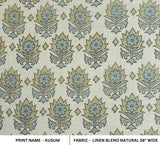 Indian Artisan Block Printed Linen Blend Natural Morning Blue and Sage Green Floral Curtains, Cushion Fabric - Kusum