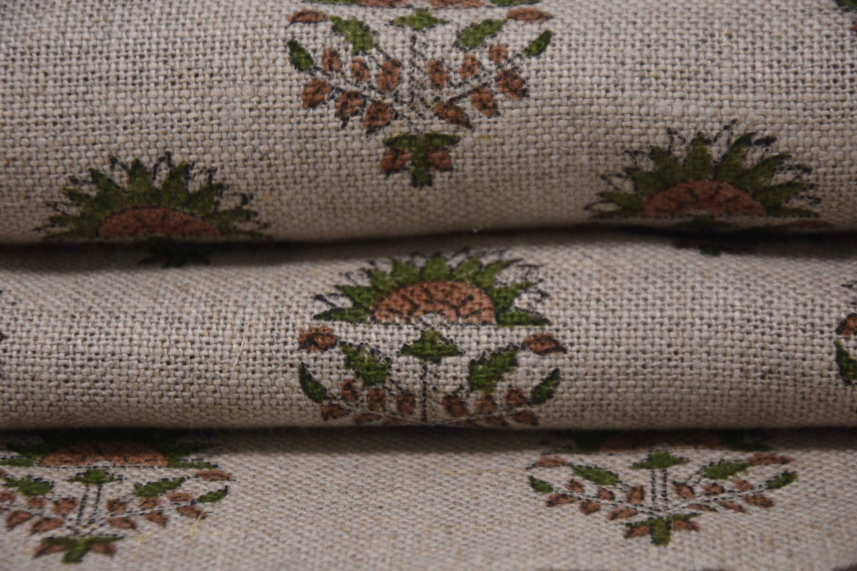 Linen Block Print Fabric 58&quot; Width Heavy Linen Natural Base Color Curtains and Drapes Covers Tablecloths and Runners Bedding Tote Bag by Fabritual