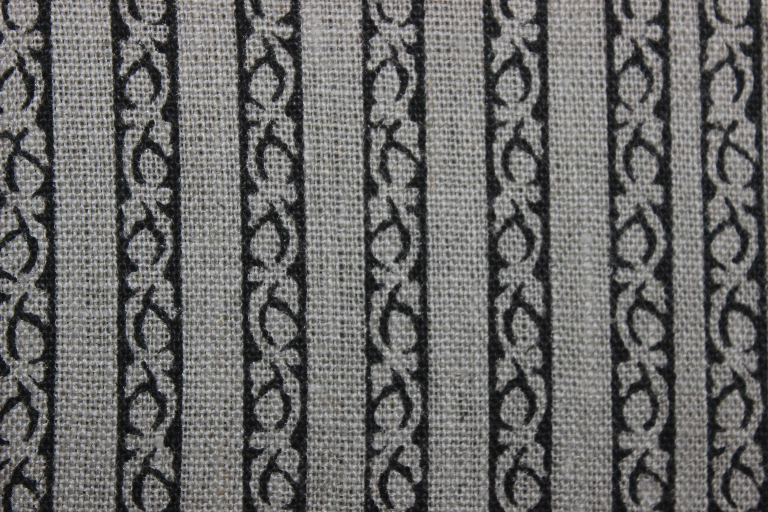Indian Designer Hand Block Printed Black and Gray Thick Linen Fabric with Striped Pattern - TRILANE