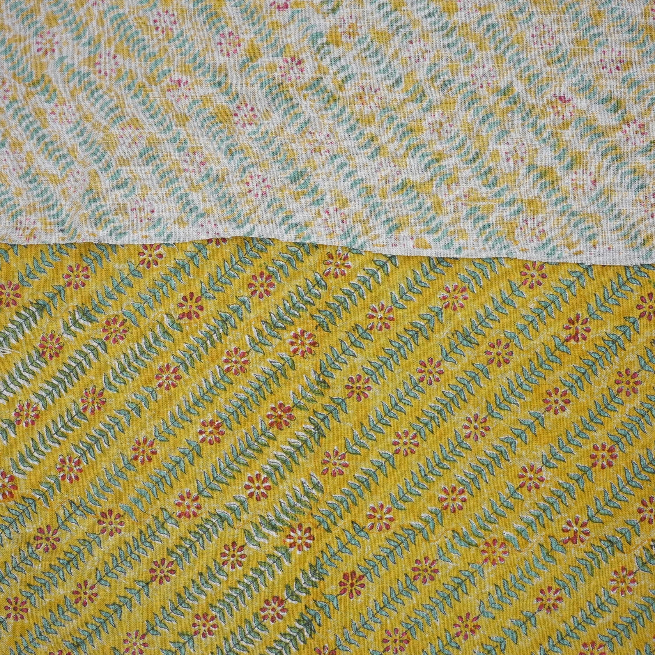 Handmade Boho Brown and Blue Floral Pure Linen Textiles Fabric for Farmhouse Decor with Taru Design